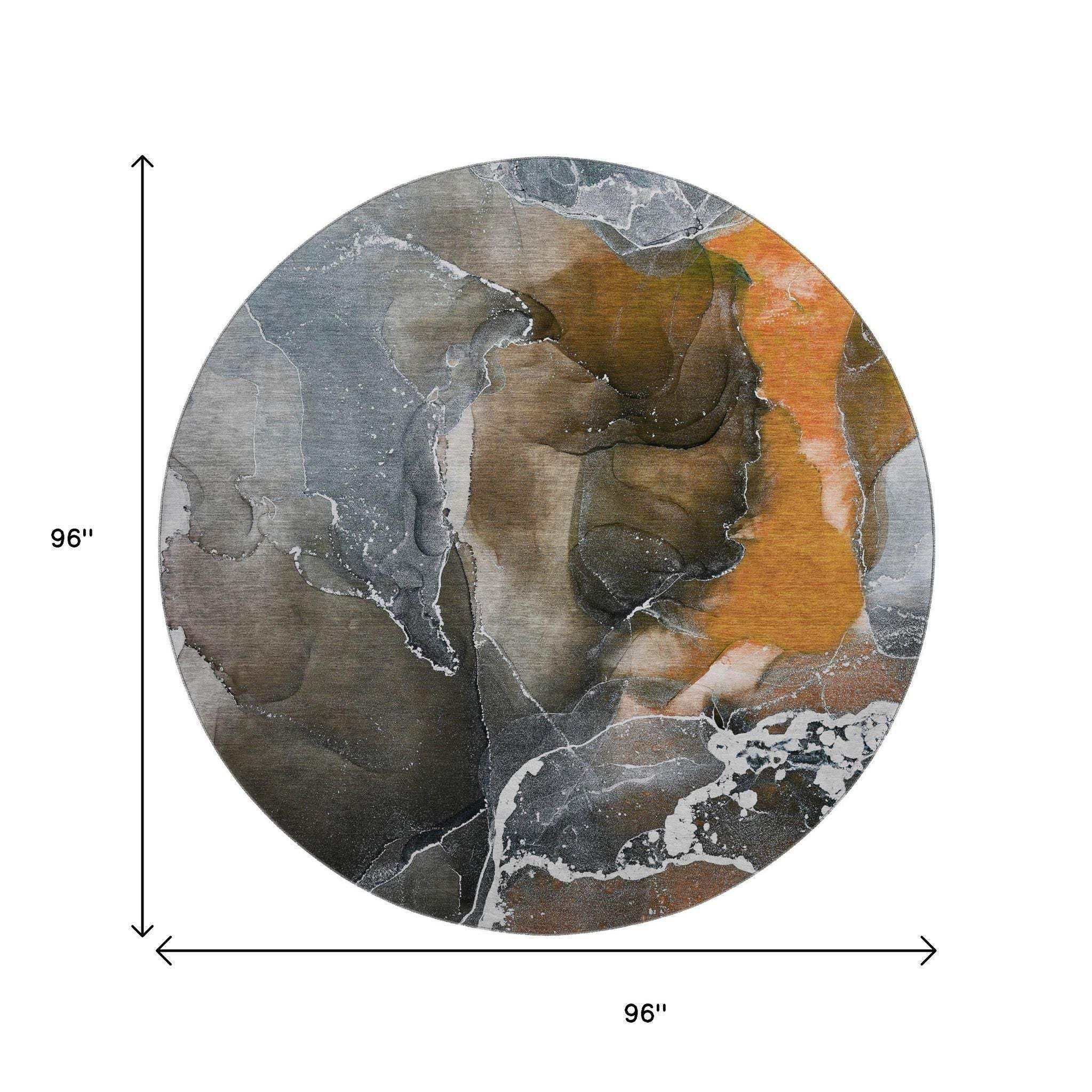 8' Orange And Charcoal Abstract Washable Round Rug With UV Protection - HomeRoots - Flyclothing LLC