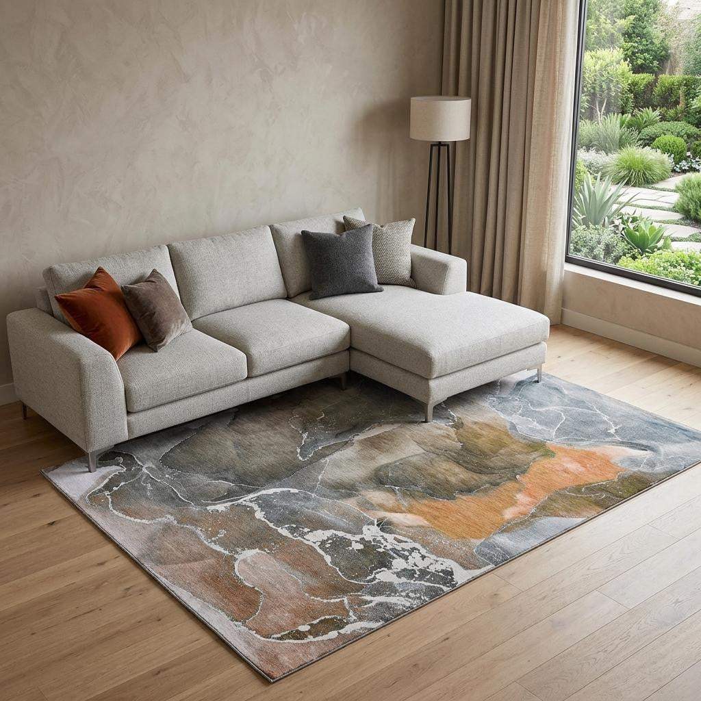 8' X 10' Orange And Charcoal Abstract Washable Area Rug With UV Protection - HomeRoots - Flyclothing LLC