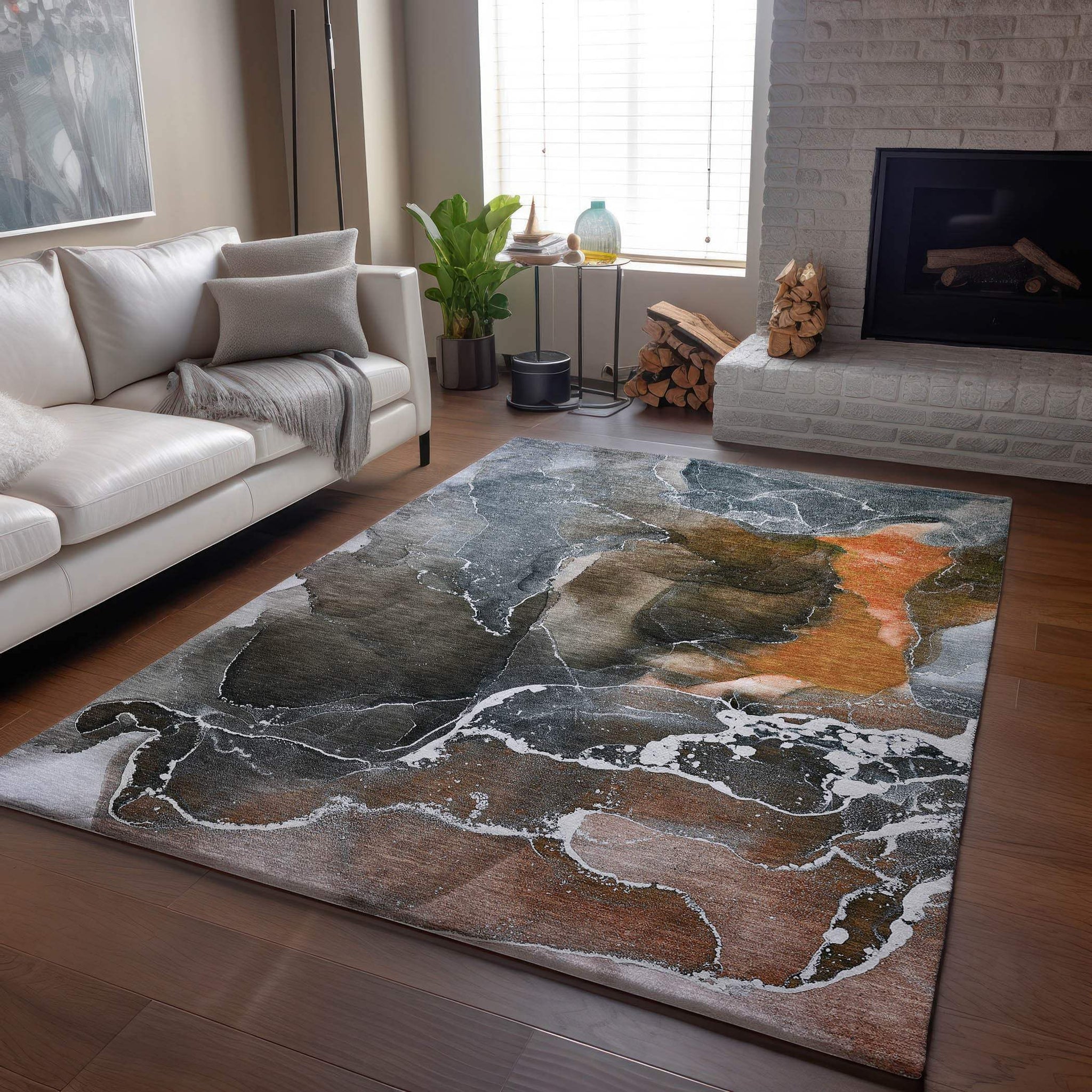 8' X 10' Orange And Charcoal Abstract Washable Area Rug With UV Protection - HomeRoots - Flyclothing LLC
