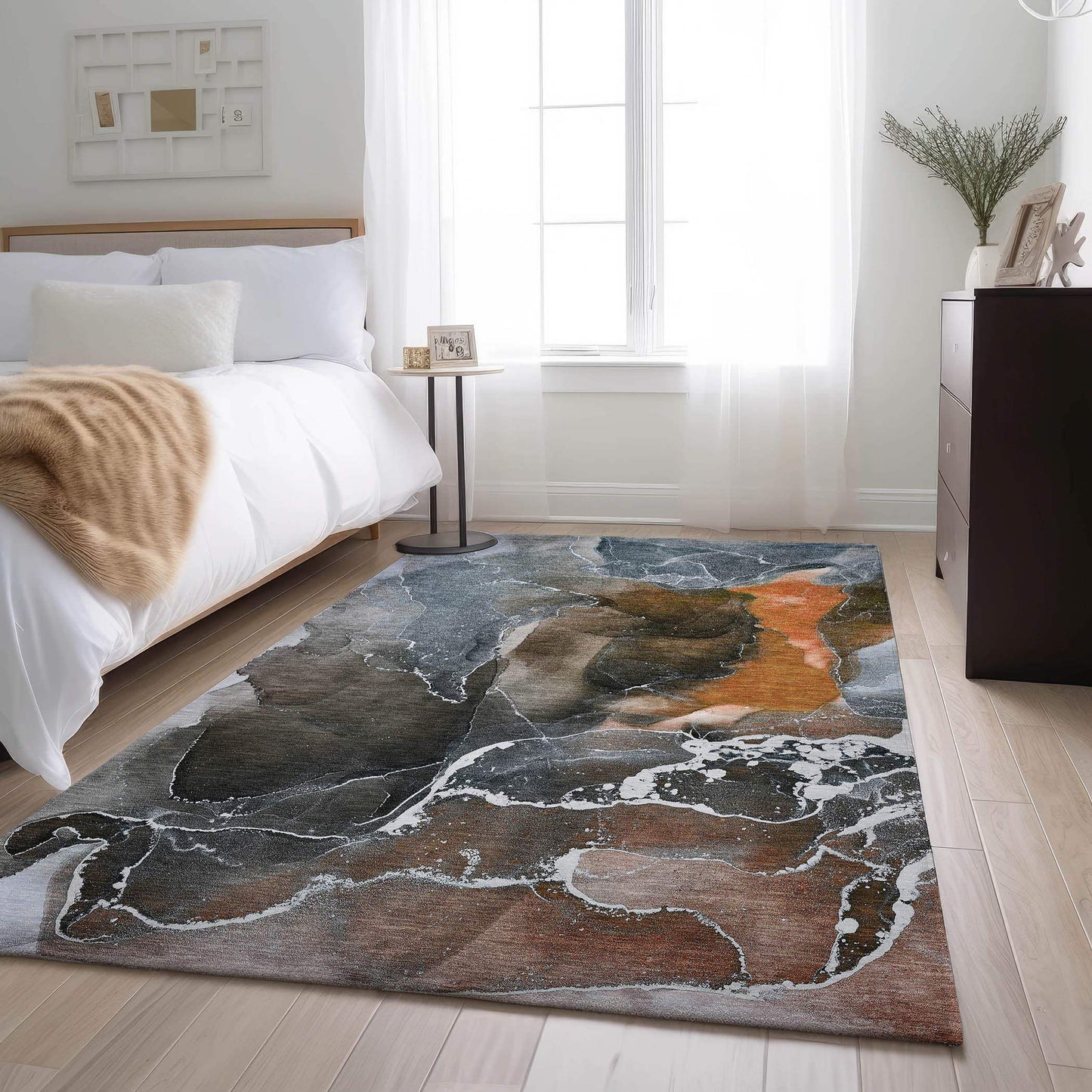 9' X 12' Orange And Charcoal Abstract Washable Area Rug With UV Protection - HomeRoots - Flyclothing LLC