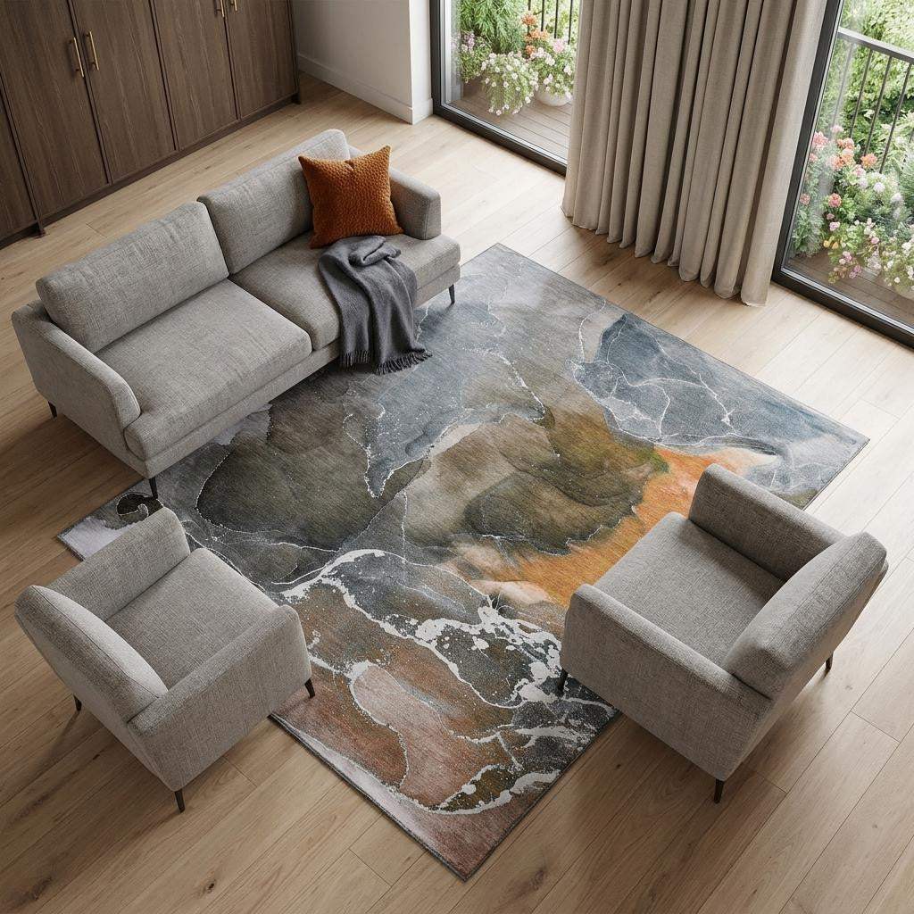 9' X 12' Orange And Charcoal Abstract Washable Area Rug With UV Protection - HomeRoots - Flyclothing LLC