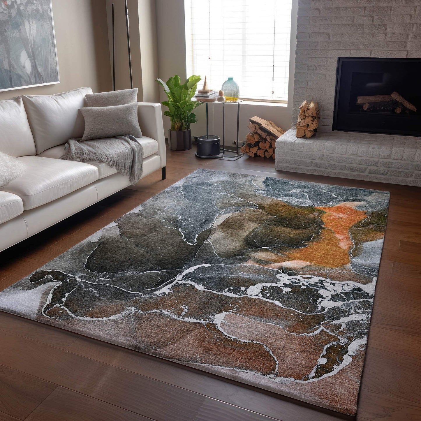 9' X 12' Orange And Charcoal Abstract Washable Area Rug With UV Protection - HomeRoots - Flyclothing LLC