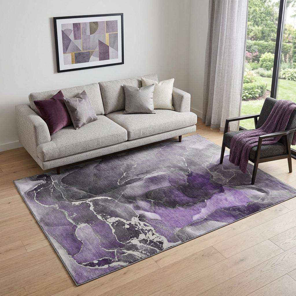 5' X 8' Purple And Charcoal Abstract Washable Area Rug With UV Protection - HomeRoots - Flyclothing LLC