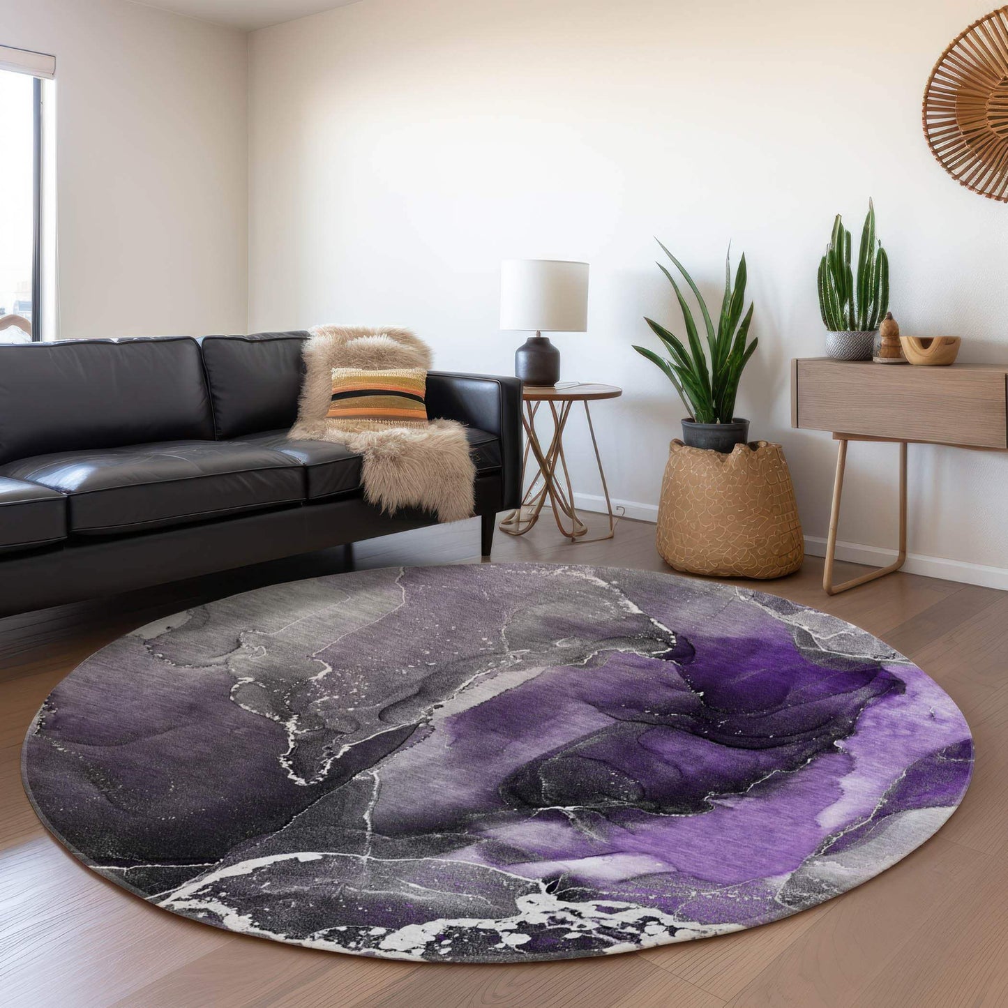 8' Purple And Charcoal Abstract Washable Round Rug With UV Protection - HomeRoots - Flyclothing LLC