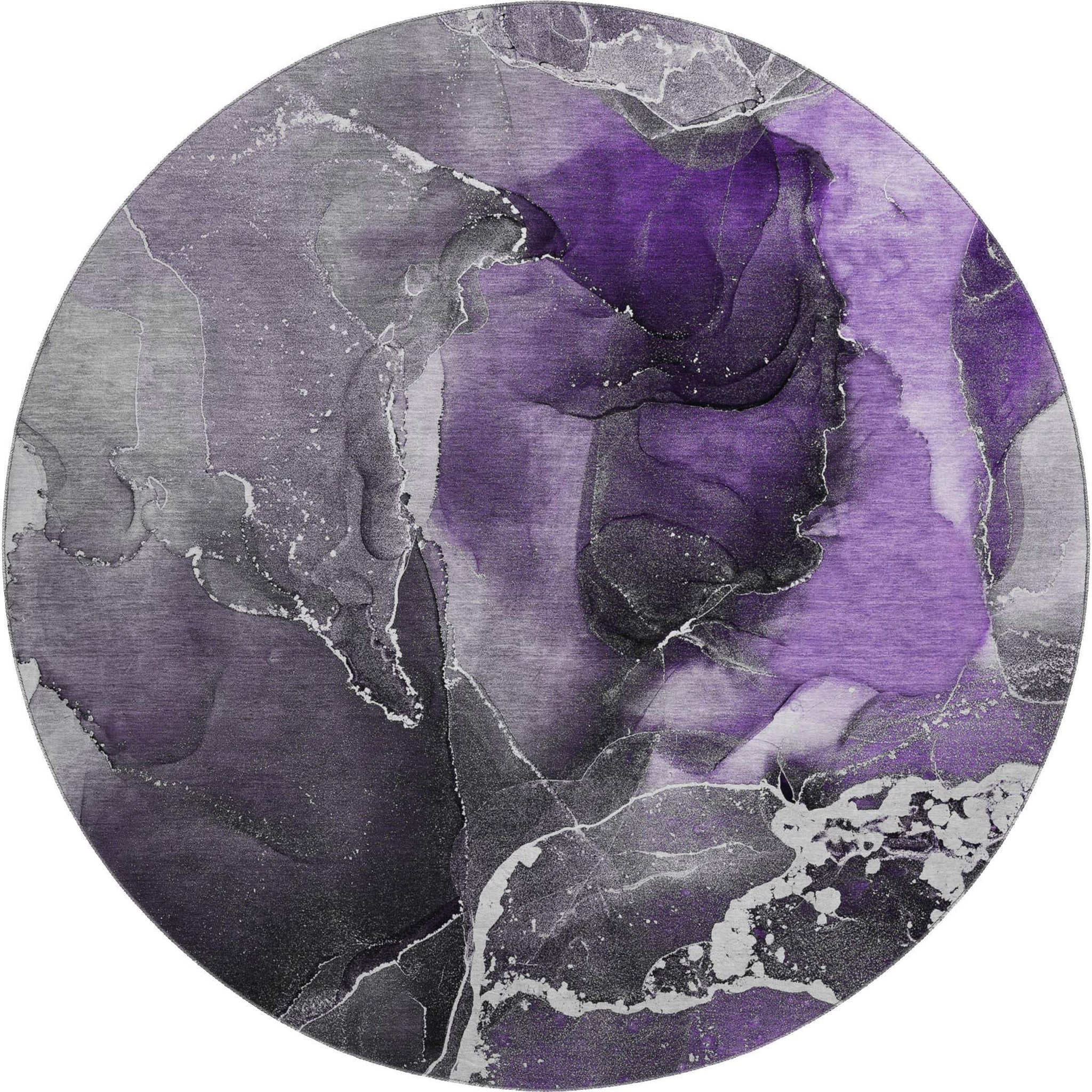 8' Purple And Charcoal Abstract Washable Round Rug With UV Protection - HomeRoots - Flyclothing LLC