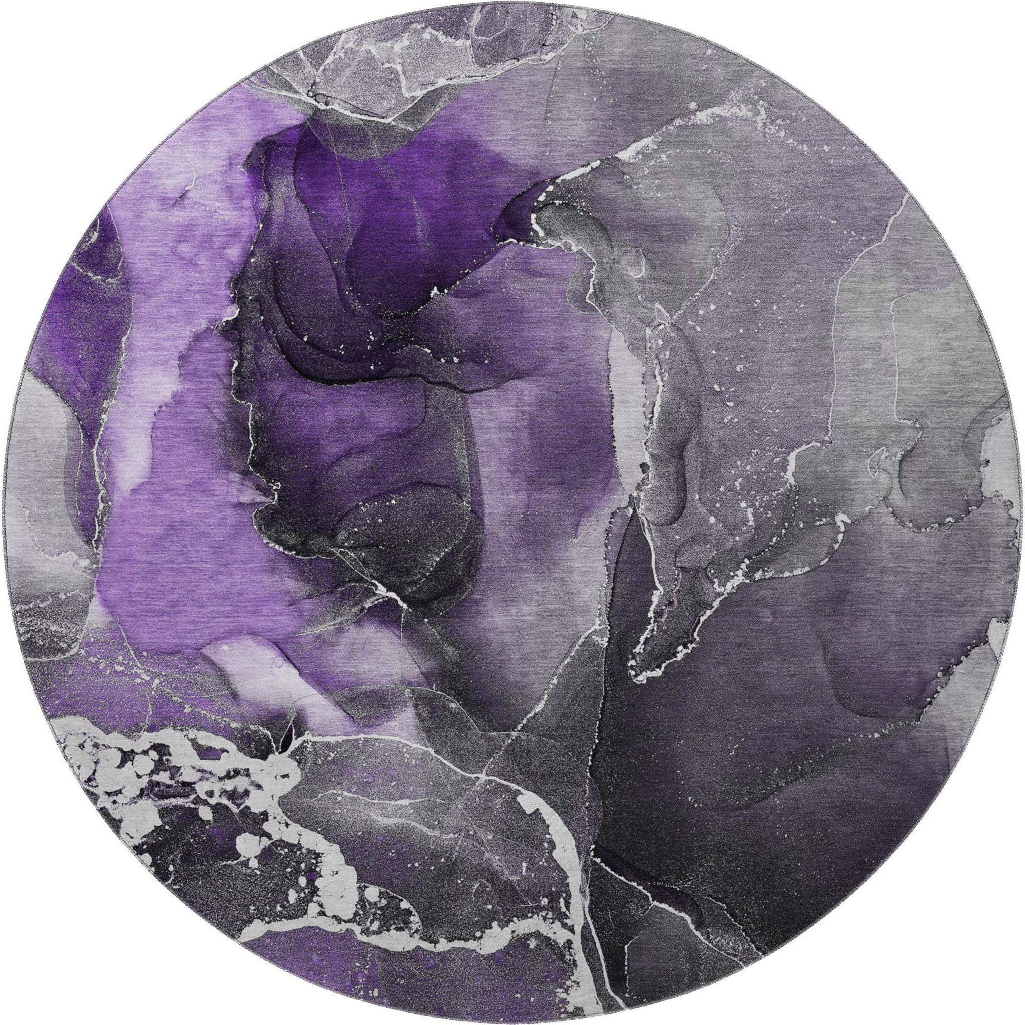 8' Purple And Charcoal Abstract Washable Round Rug With UV Protection - HomeRoots - Flyclothing LLC