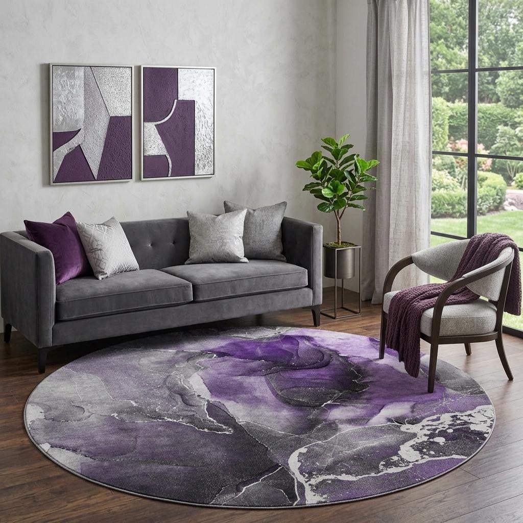 8' Purple And Charcoal Abstract Washable Round Rug With UV Protection - HomeRoots - Flyclothing LLC