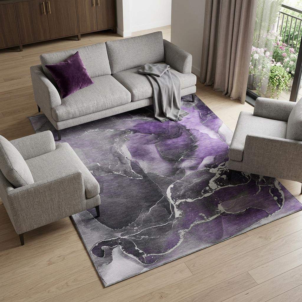 8' X 10' Purple And Charcoal Abstract Washable Area Rug With UV Protection - HomeRoots - Flyclothing LLC