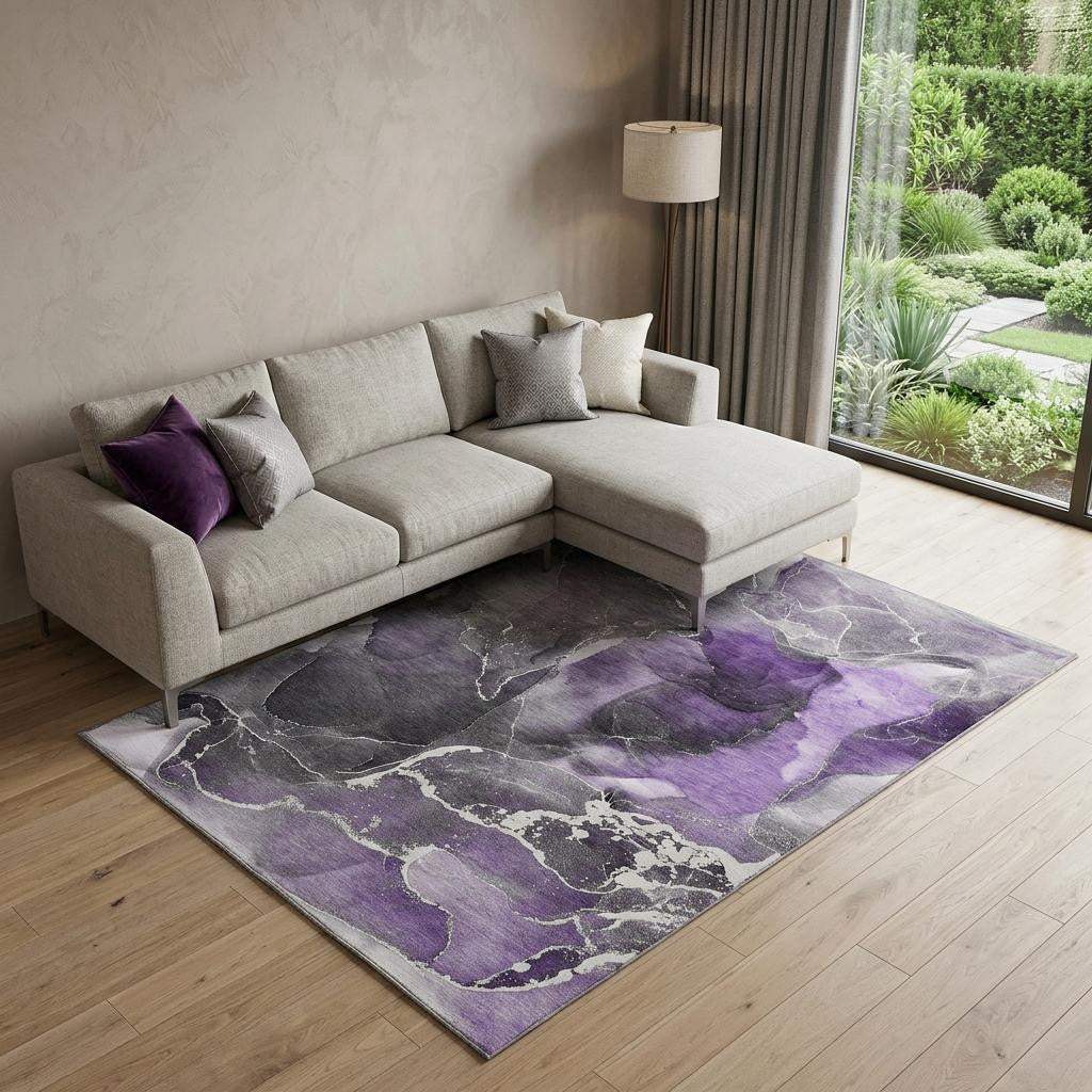 9' X 12' Purple And Charcoal Abstract Washable Area Rug With UV Protection - HomeRoots - Flyclothing LLC