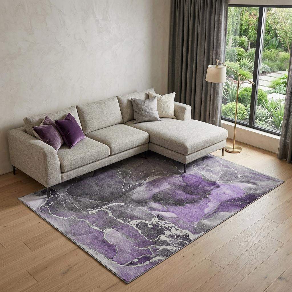 10' X 14' Purple And Charcoal Abstract Washable Area Rug With UV Protection - HomeRoots - Flyclothing LLC