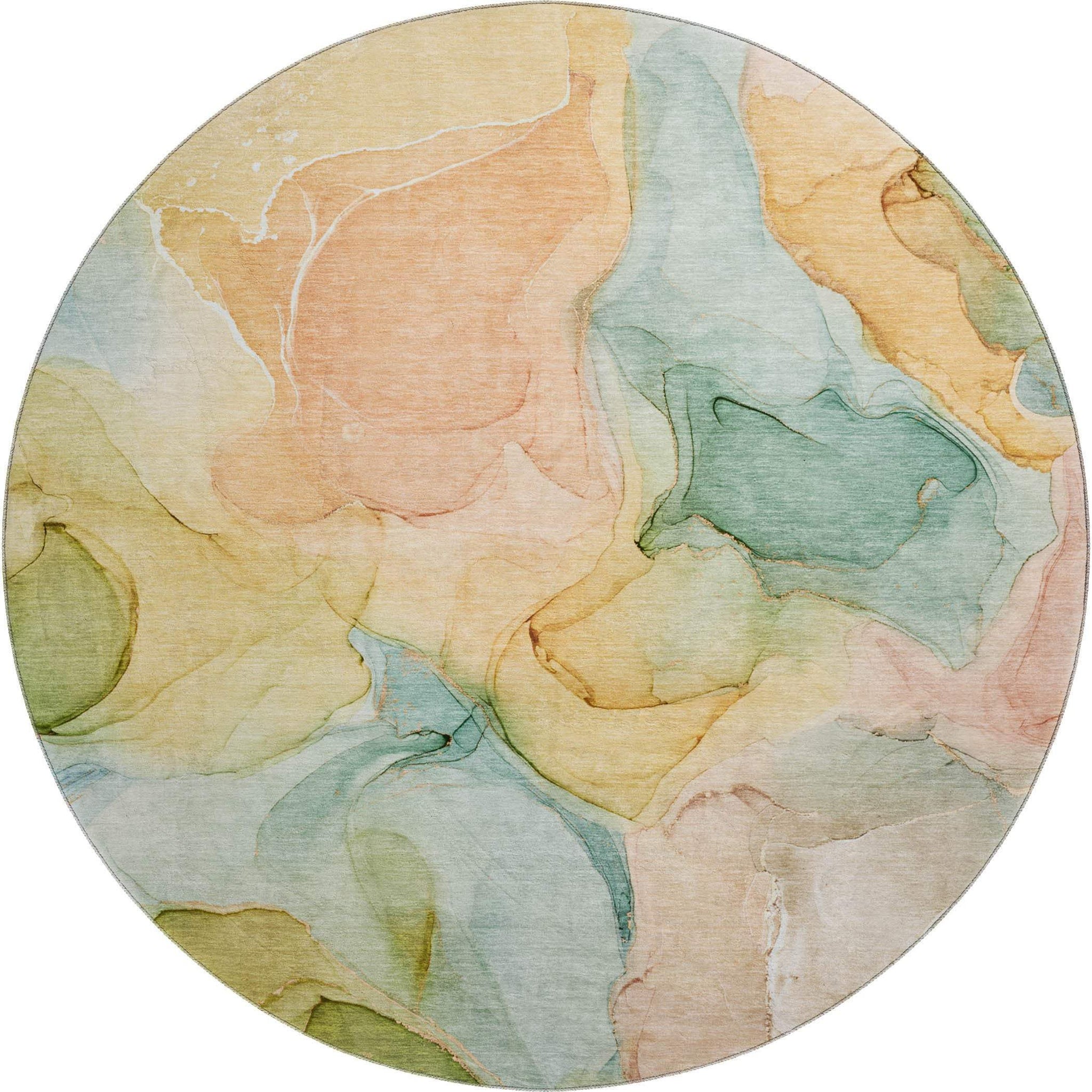 8' Blue Green And Orange Abstract Washable Round Rug With UV Protection - HomeRoots - Flyclothing LLC