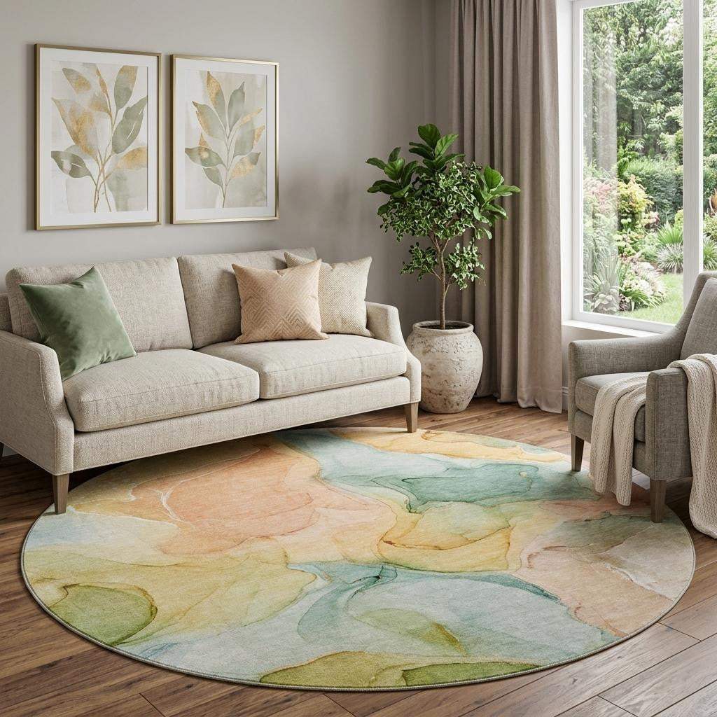 8' Blue Green And Orange Abstract Washable Round Rug With UV Protection - HomeRoots - Flyclothing LLC