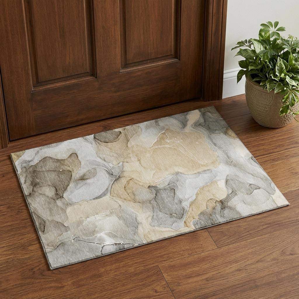 3' X 5' Brown Gray And Ivory Abstract Washable Area Rug With UV Protection - HomeRoots - Flyclothing LLC