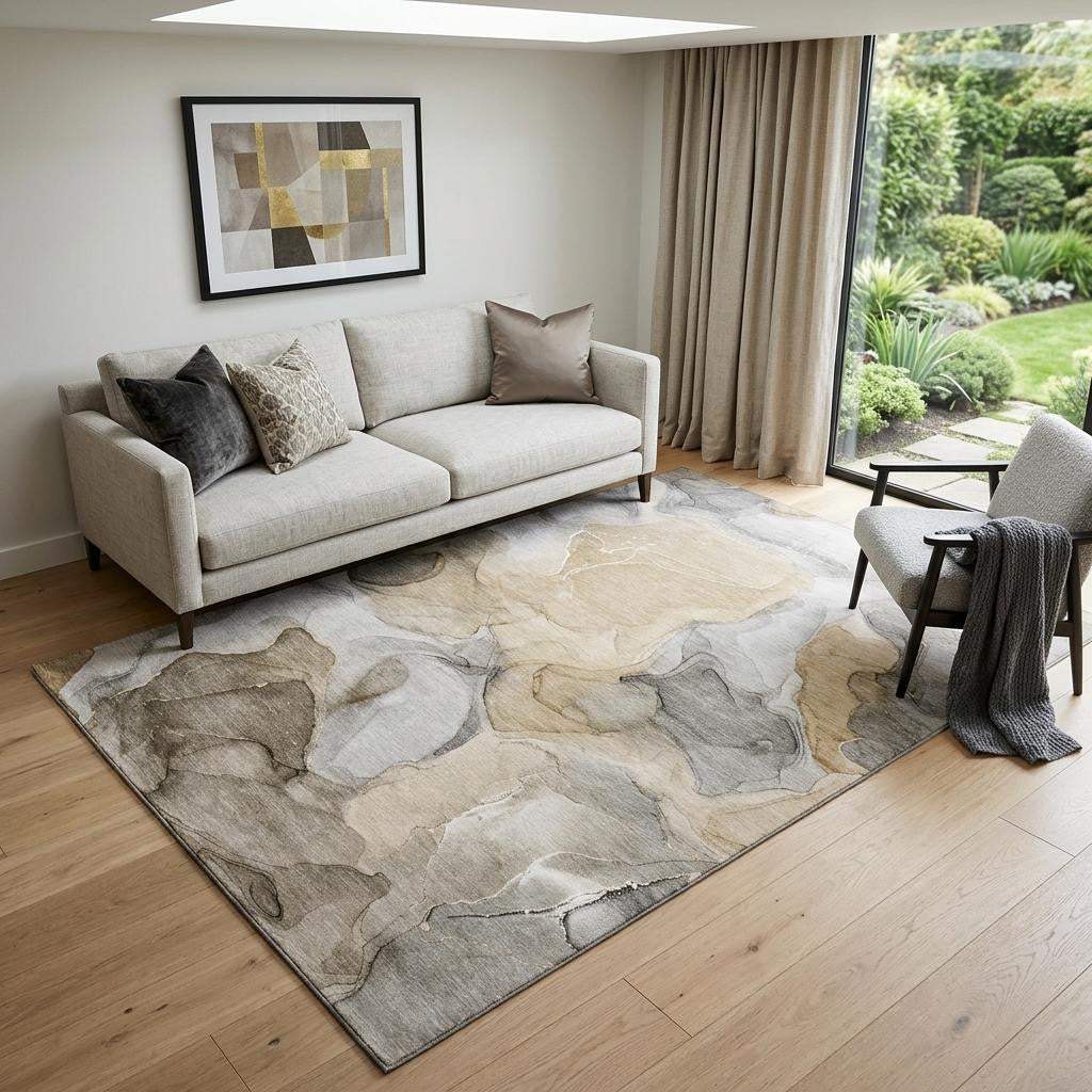 5' X 8' Brown Gray And Ivory Abstract Washable Area Rug With UV Protection - HomeRoots - Flyclothing LLC