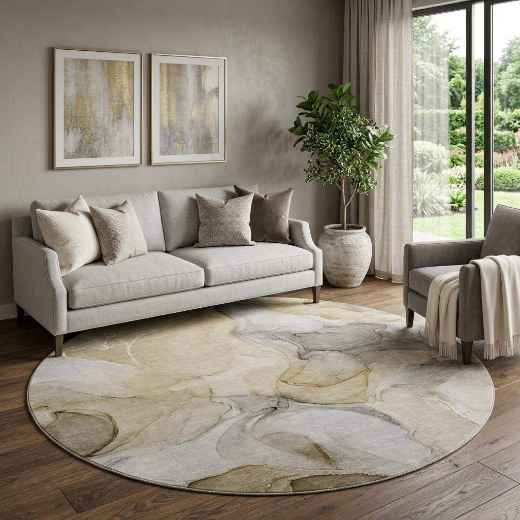 8' Brown Gray And Ivory Abstract Washable Round Rug With UV Protection - HomeRoots - Flyclothing LLC