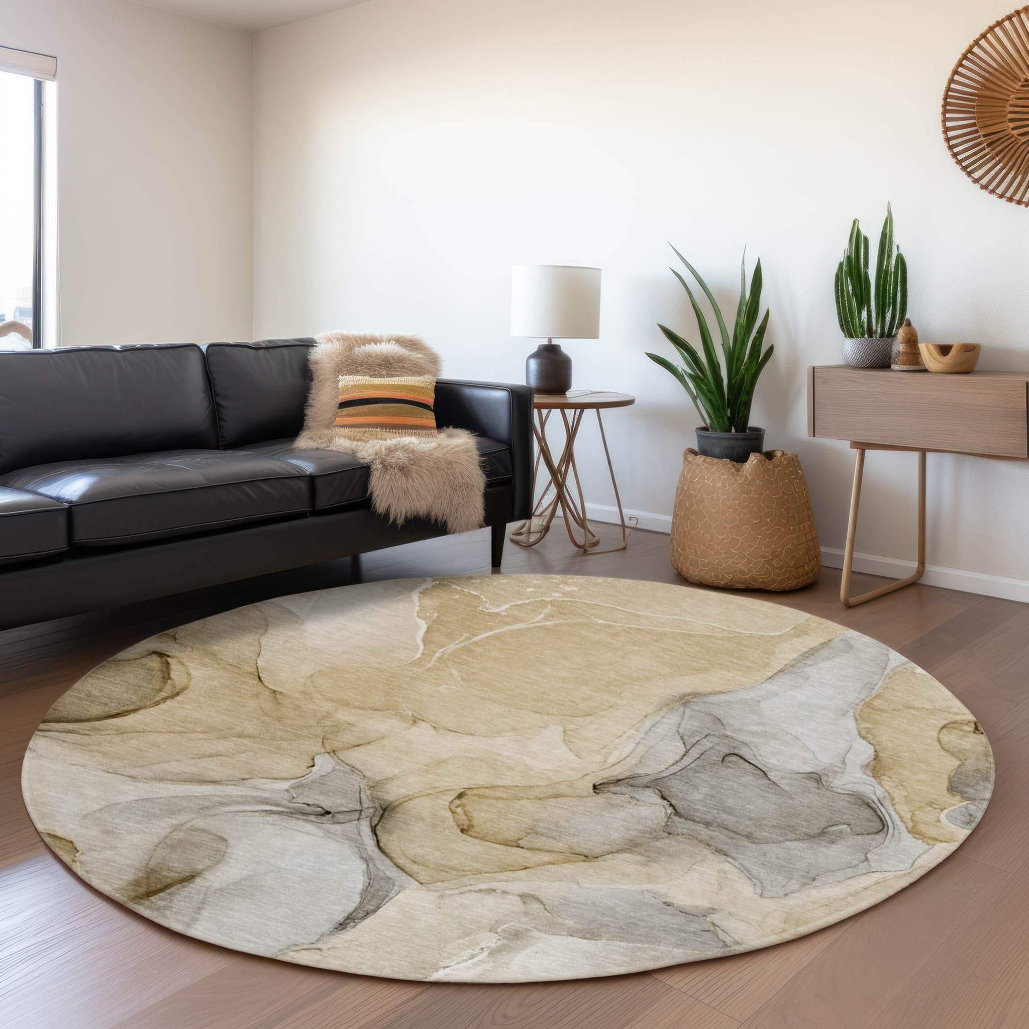 8' Brown Gray And Ivory Abstract Washable Round Rug With UV Protection - HomeRoots - Flyclothing LLC