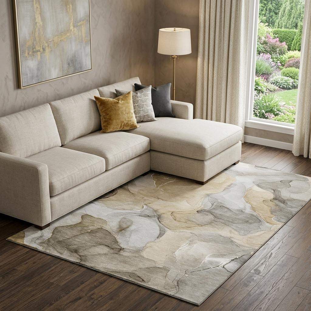 8' X 10' Brown Gray And Ivory Abstract Washable Area Rug With UV Protection - HomeRoots - Flyclothing LLC