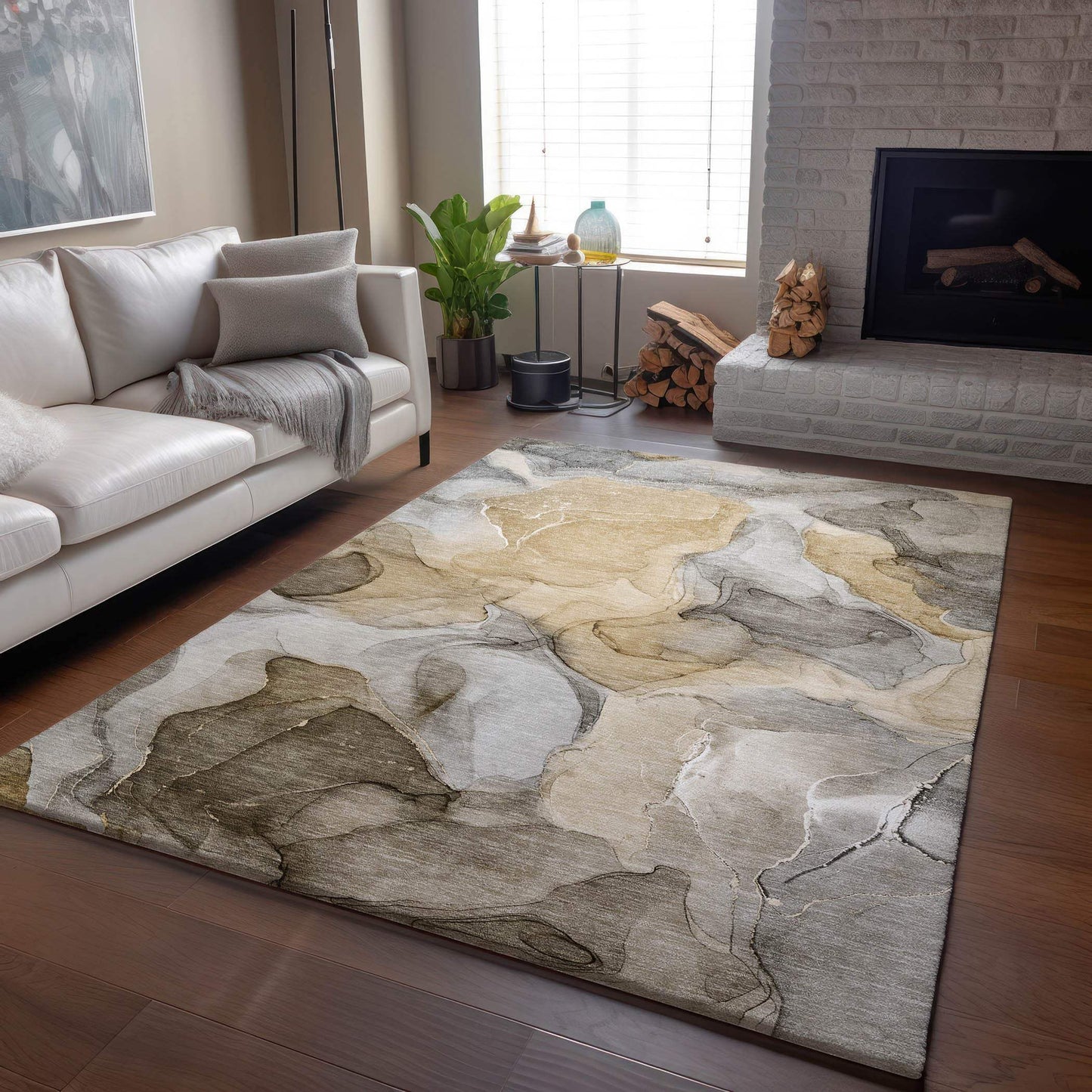 8' X 10' Brown Gray And Ivory Abstract Washable Area Rug With UV Protection - HomeRoots - Flyclothing LLC