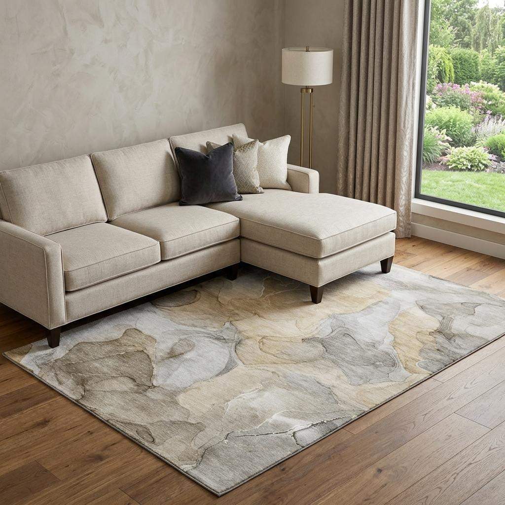 9' X 12' Brown Gray And Ivory Abstract Washable Area Rug With UV Protection - HomeRoots - Flyclothing LLC
