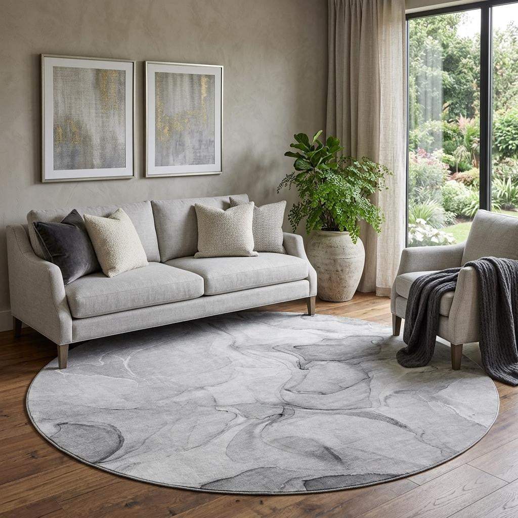 8' Gray And Ivory Abstract Washable Round Rug With UV Protection - HomeRoots - Flyclothing LLC