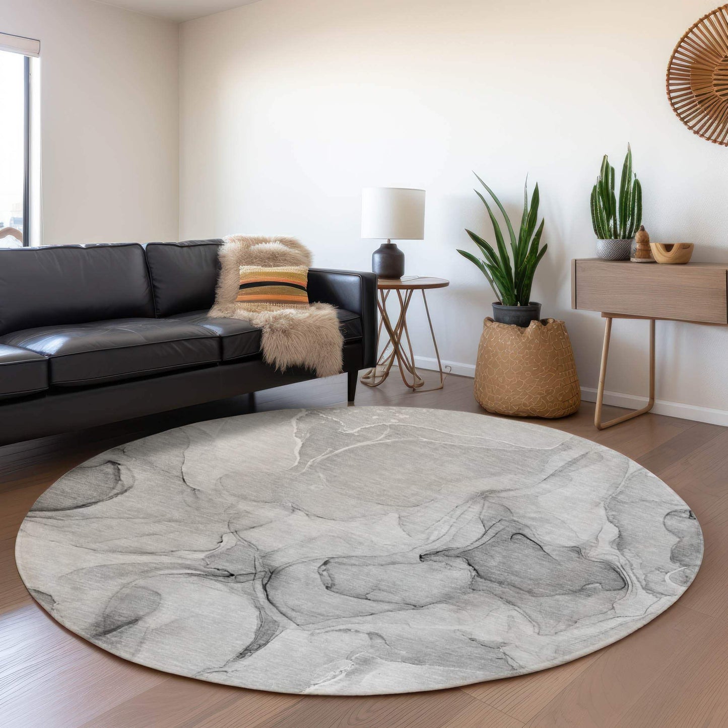 8' Gray And Ivory Abstract Washable Round Rug With UV Protection - HomeRoots - Flyclothing LLC