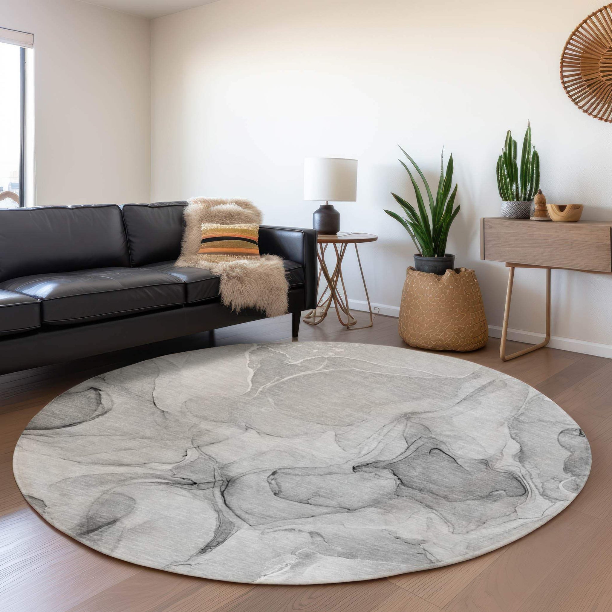 8' Gray And Ivory Abstract Washable Round Rug With UV Protection - HomeRoots - Flyclothing LLC