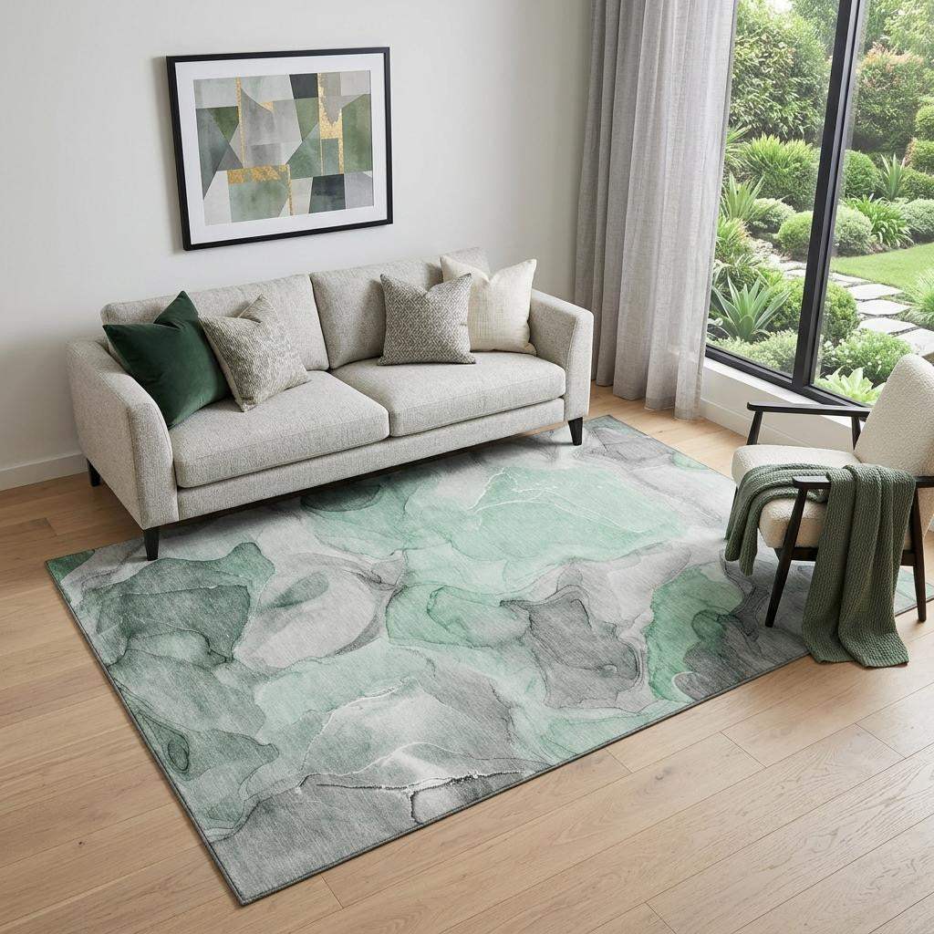 5' X 8' Green Gray And Ivory Abstract Washable Area Rug With UV Protection - HomeRoots - Flyclothing LLC