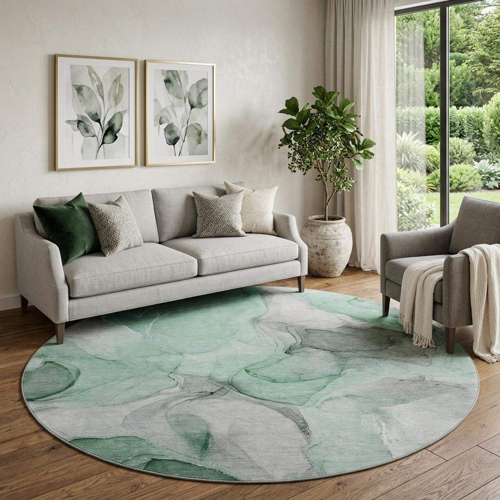 8' Green Gray And Ivory Abstract Washable Round Rug With UV Protection - HomeRoots - Flyclothing LLC