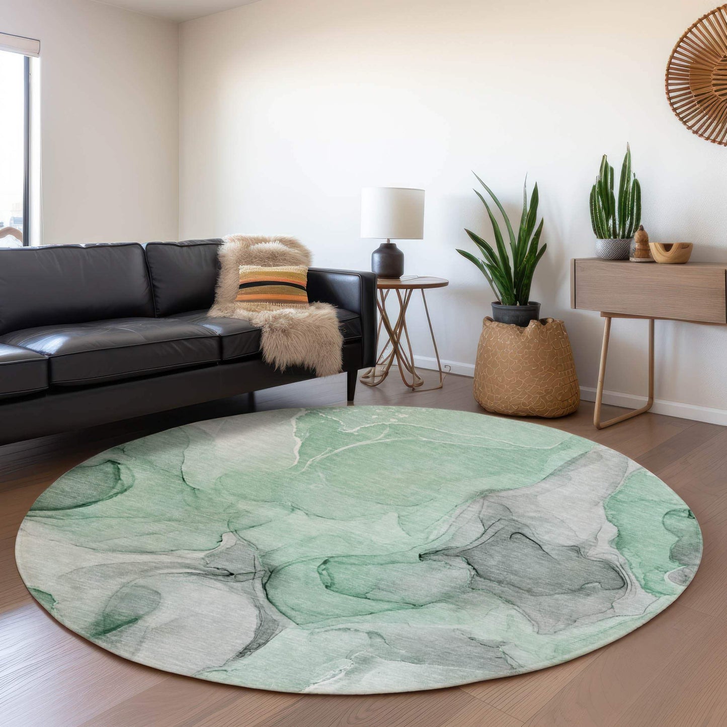 8' Green Gray And Ivory Abstract Washable Round Rug With UV Protection - HomeRoots - Flyclothing LLC