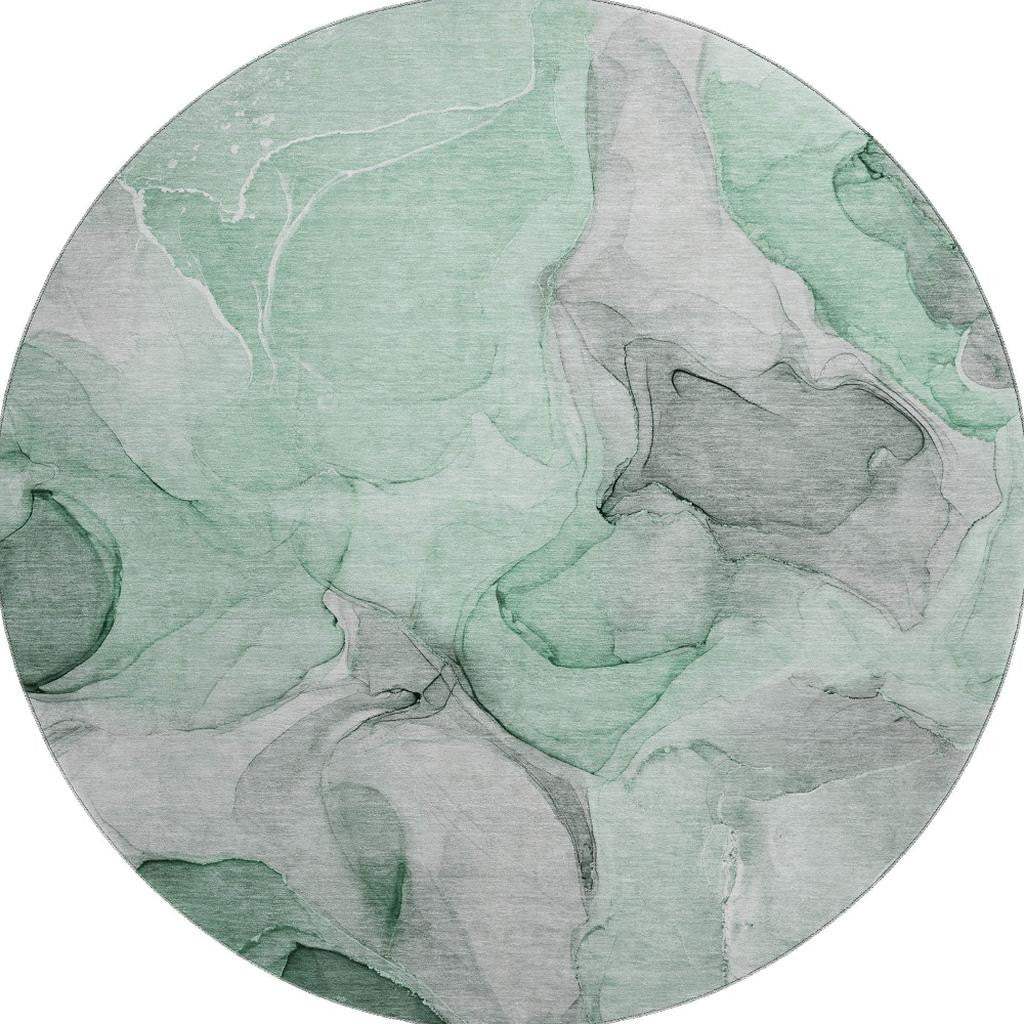 8' Green Gray And Ivory Abstract Washable Round Rug With UV Protection - HomeRoots - Flyclothing LLC