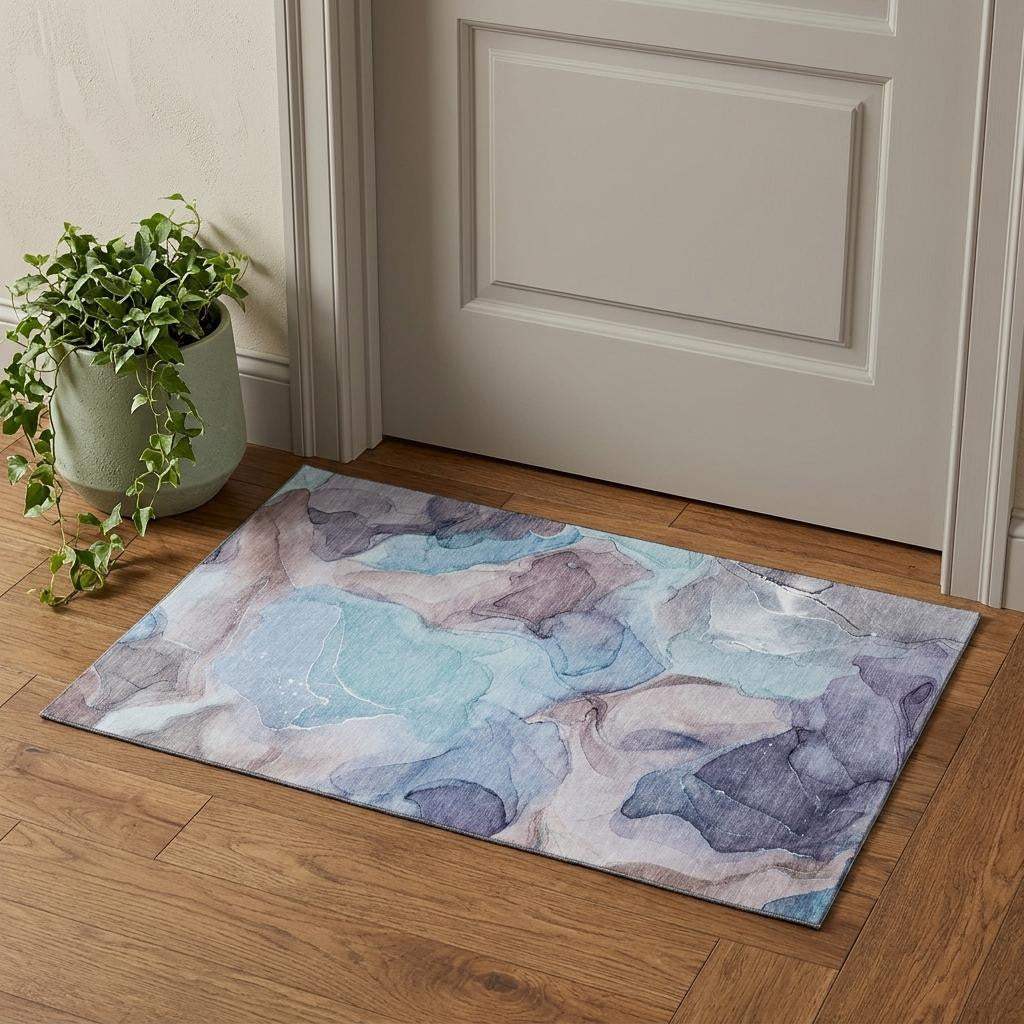 3' X 5' Navy Blue Purple And Gray Abstract Washable Area Rug With UV Protection - HomeRoots - Flyclothing LLC