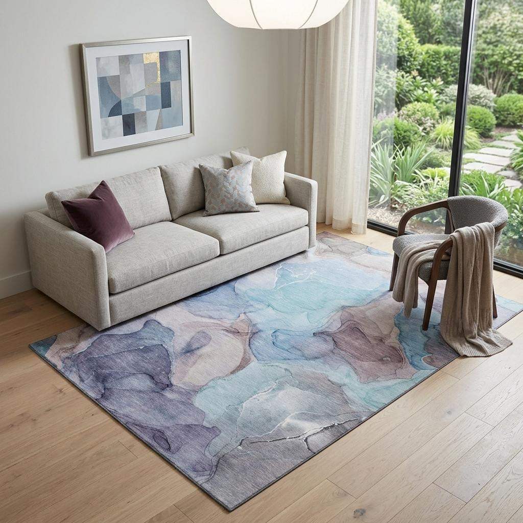 5' X 8' Navy Blue Purple And Gray Abstract Washable Area Rug With UV Protection - HomeRoots - Flyclothing LLC