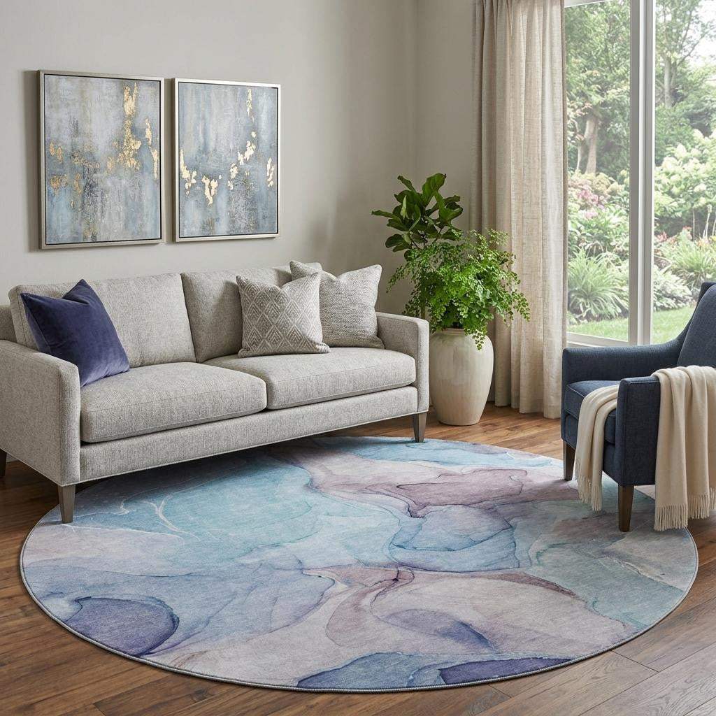 8' Navy Blue Purple And Gray Abstract Washable Round Rug With UV Protection - HomeRoots - Flyclothing LLC