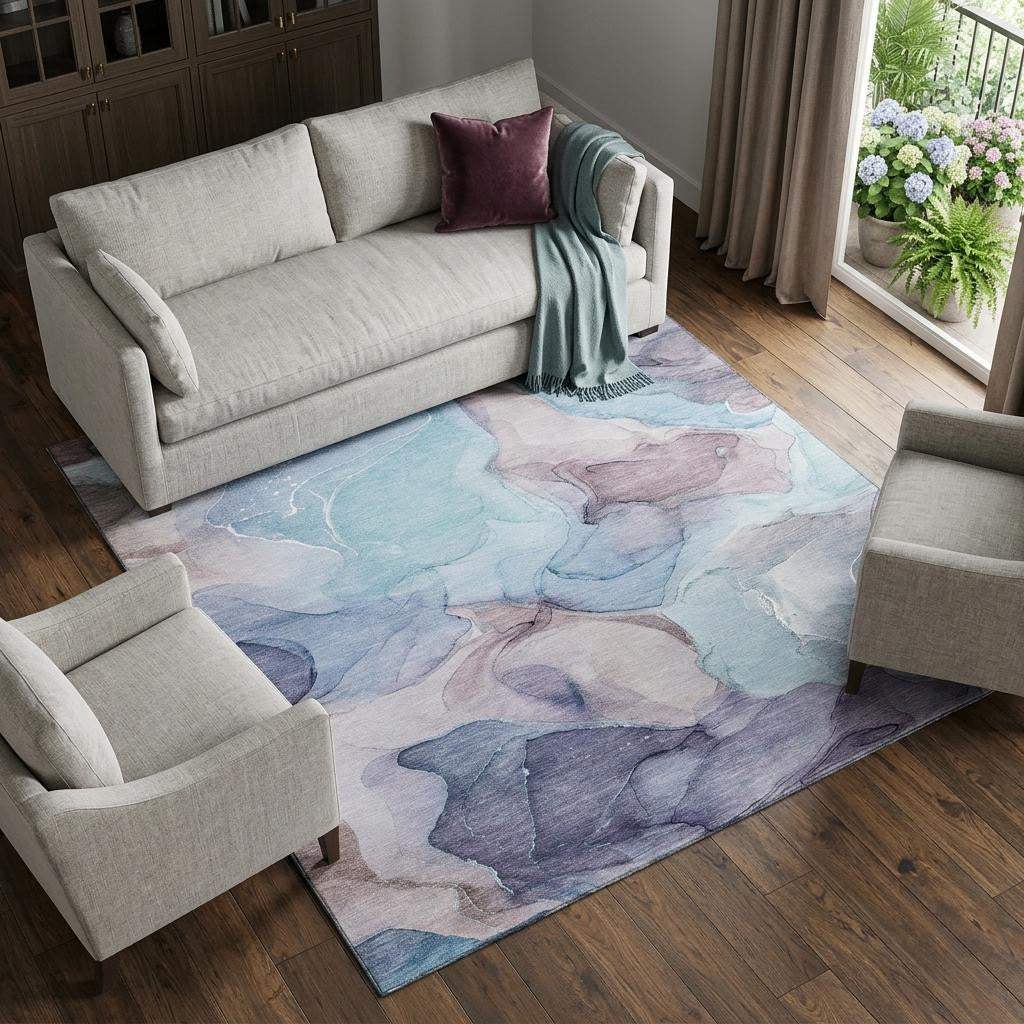 8' X 10' Navy Blue Purple And Gray Abstract Washable Area Rug With UV Protection - HomeRoots - Flyclothing LLC