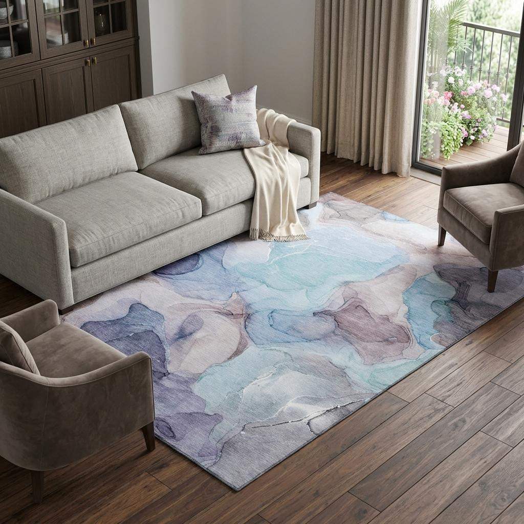 9' X 12' Navy Blue Purple And Gray Abstract Washable Area Rug With UV Protection - HomeRoots - Flyclothing LLC
