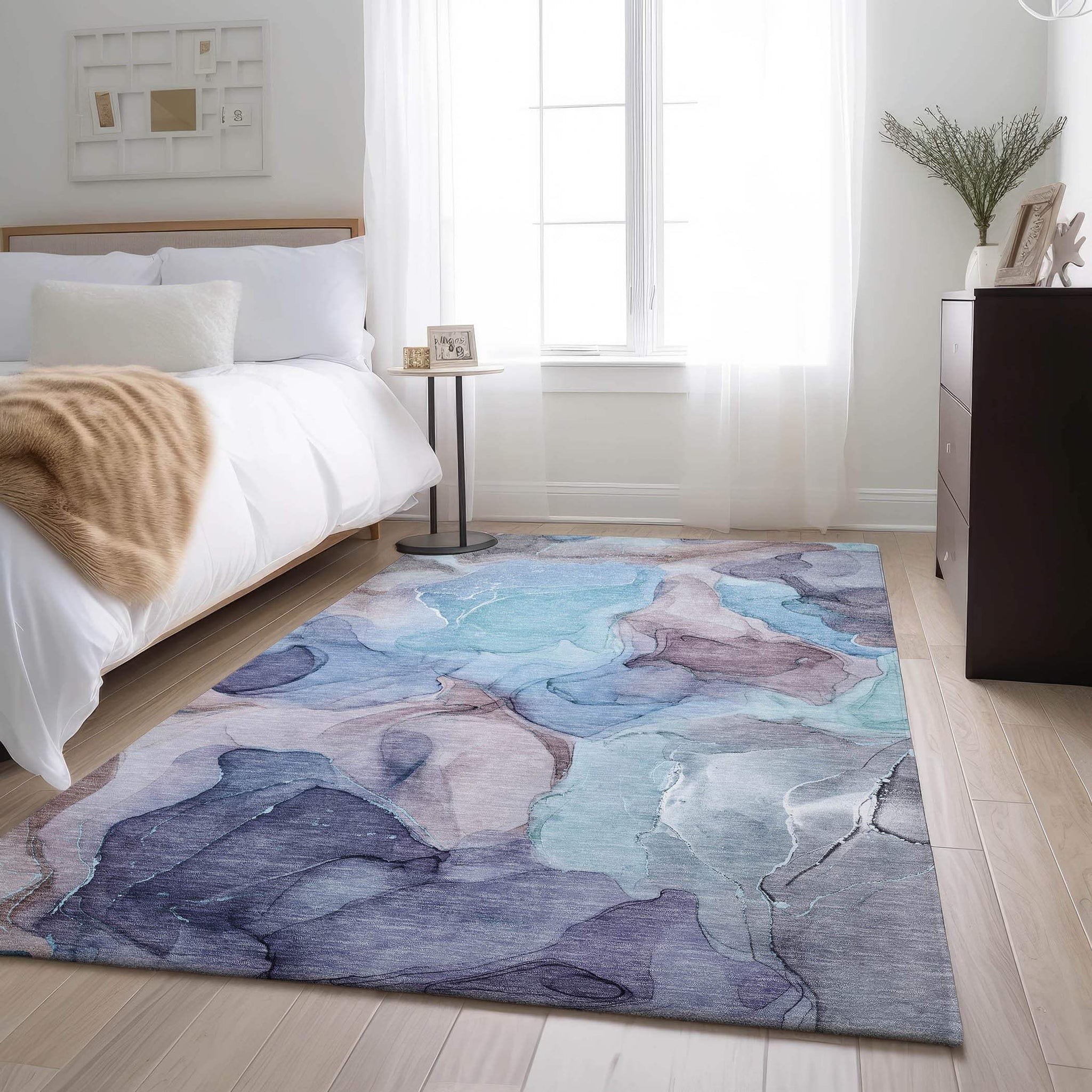 9' X 12' Navy Blue Purple And Gray Abstract Washable Area Rug With UV Protection - HomeRoots - Flyclothing LLC