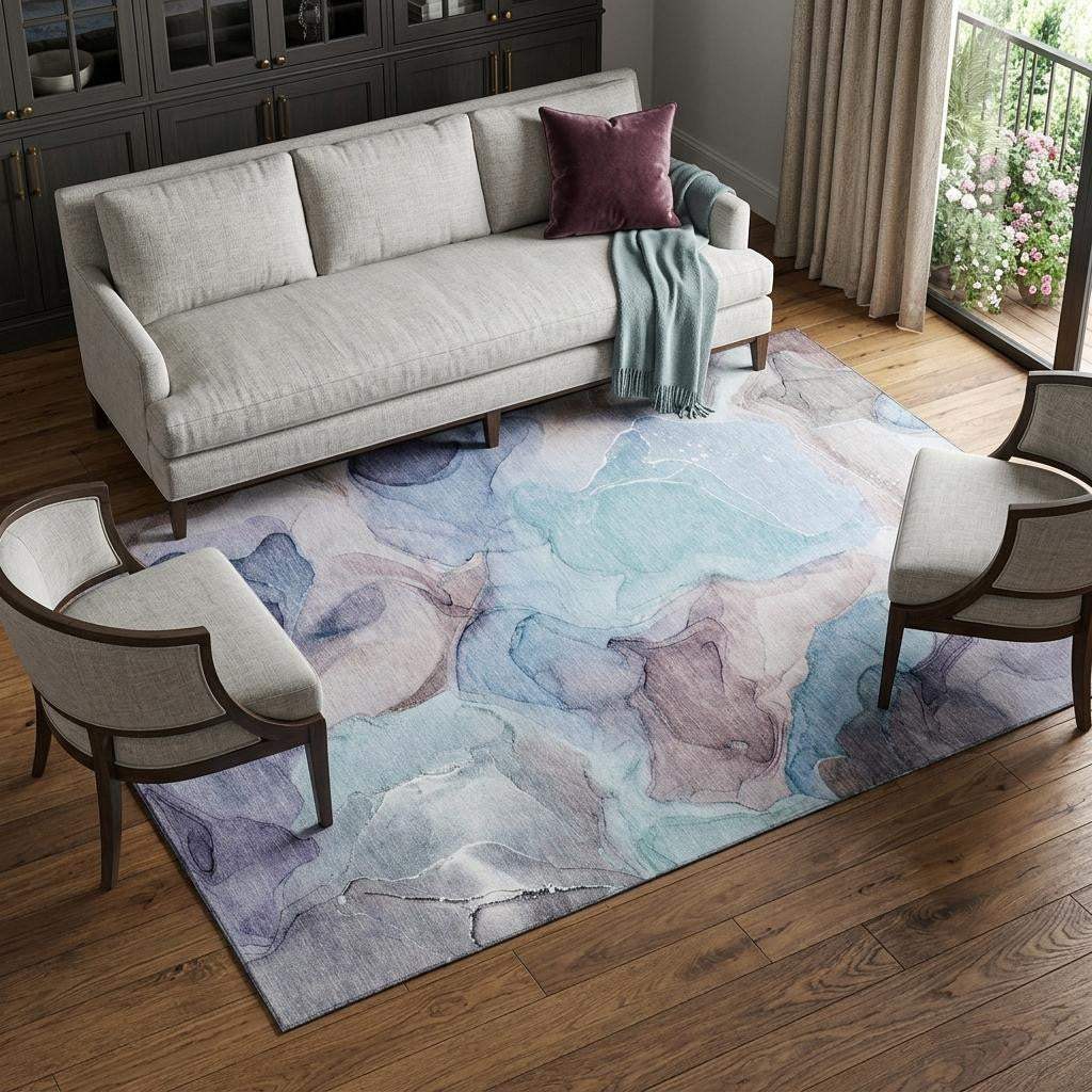 10' X 14' Navy Blue Purple And Gray Abstract Washable Area Rug With UV Protection - HomeRoots - Flyclothing LLC