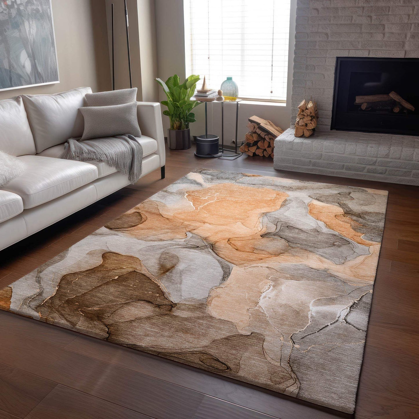 3' X 5' Orange Gray And Ivory Abstract Washable Area Rug With UV Protection - HomeRoots - Flyclothing LLC