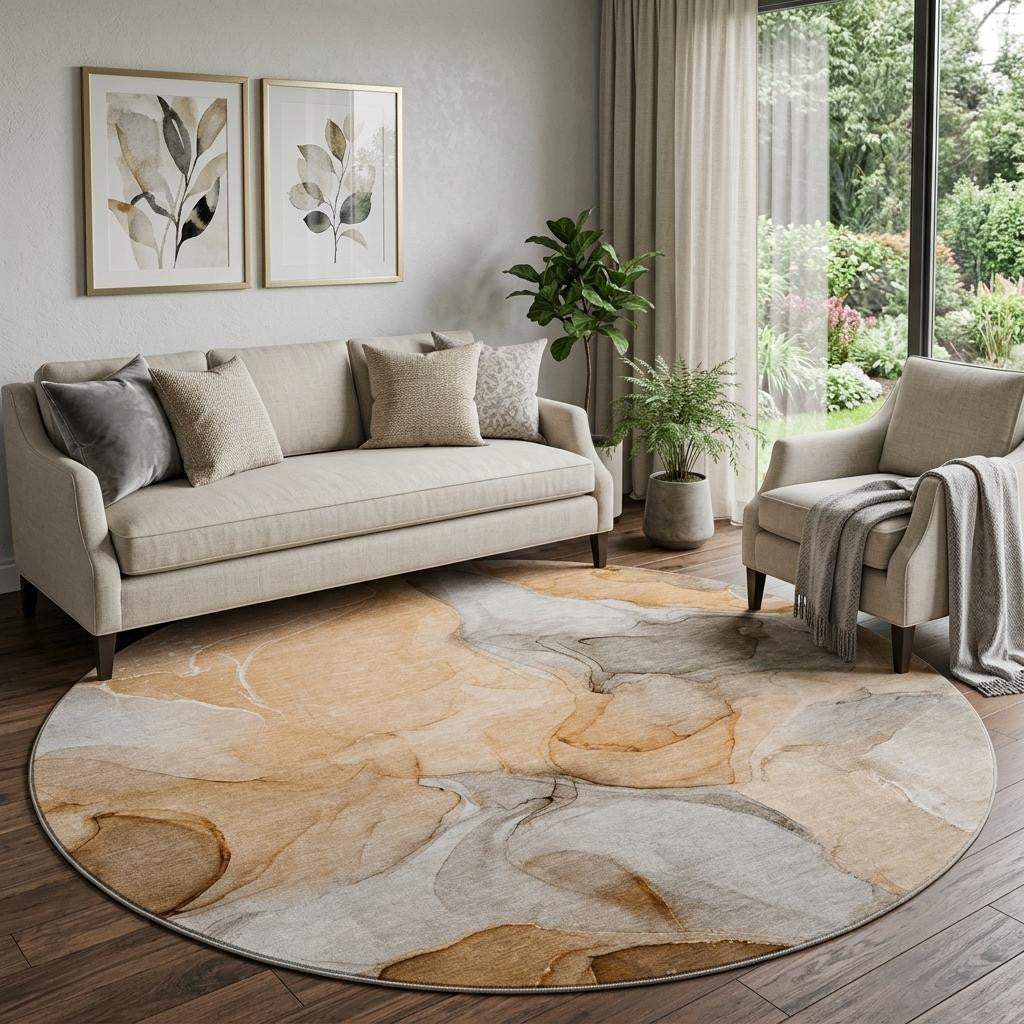 8' Orange Gray And Ivory Abstract Washable Round Rug With UV Protection - HomeRoots - Flyclothing LLC