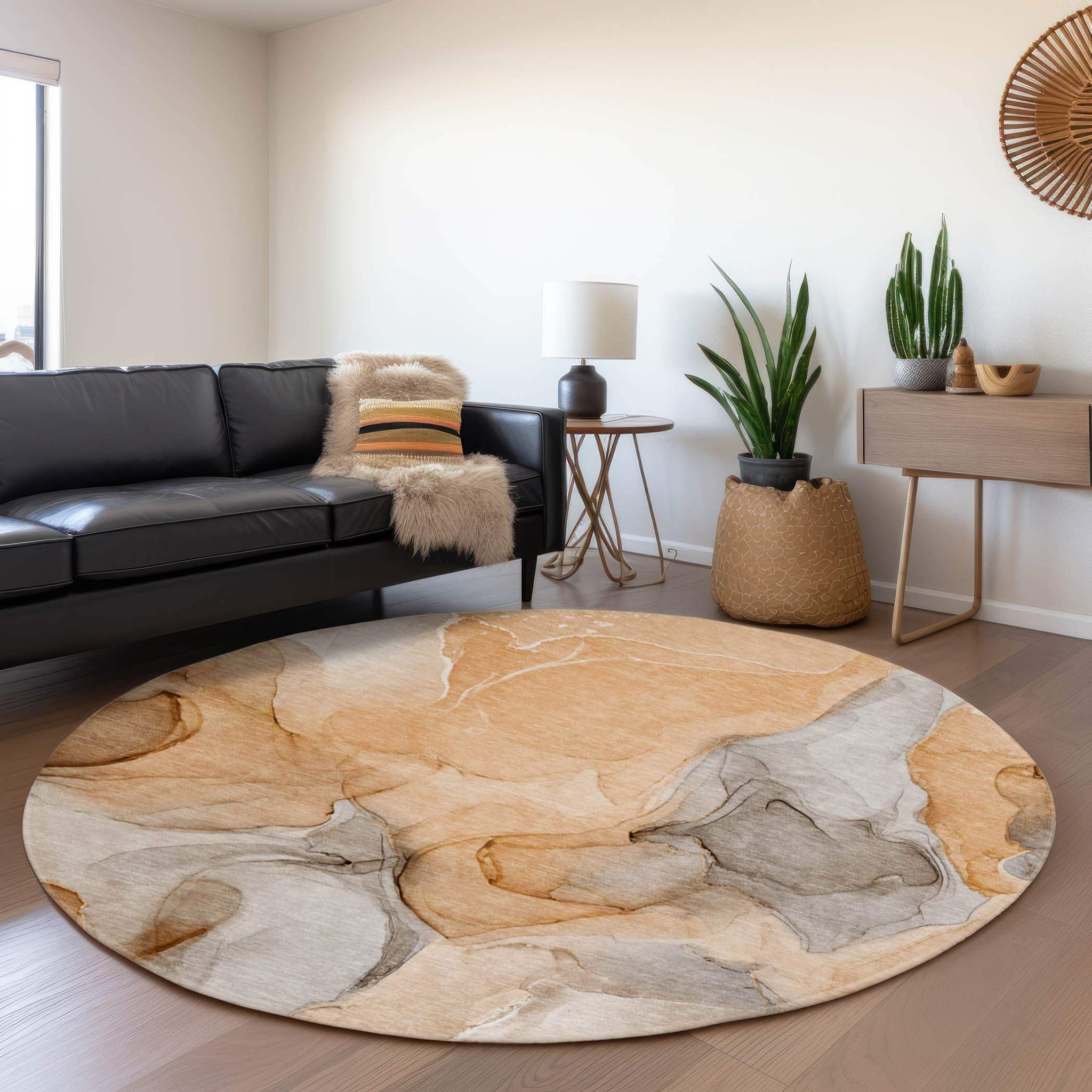 8' Orange Gray And Ivory Abstract Washable Round Rug With UV Protection - HomeRoots - Flyclothing LLC