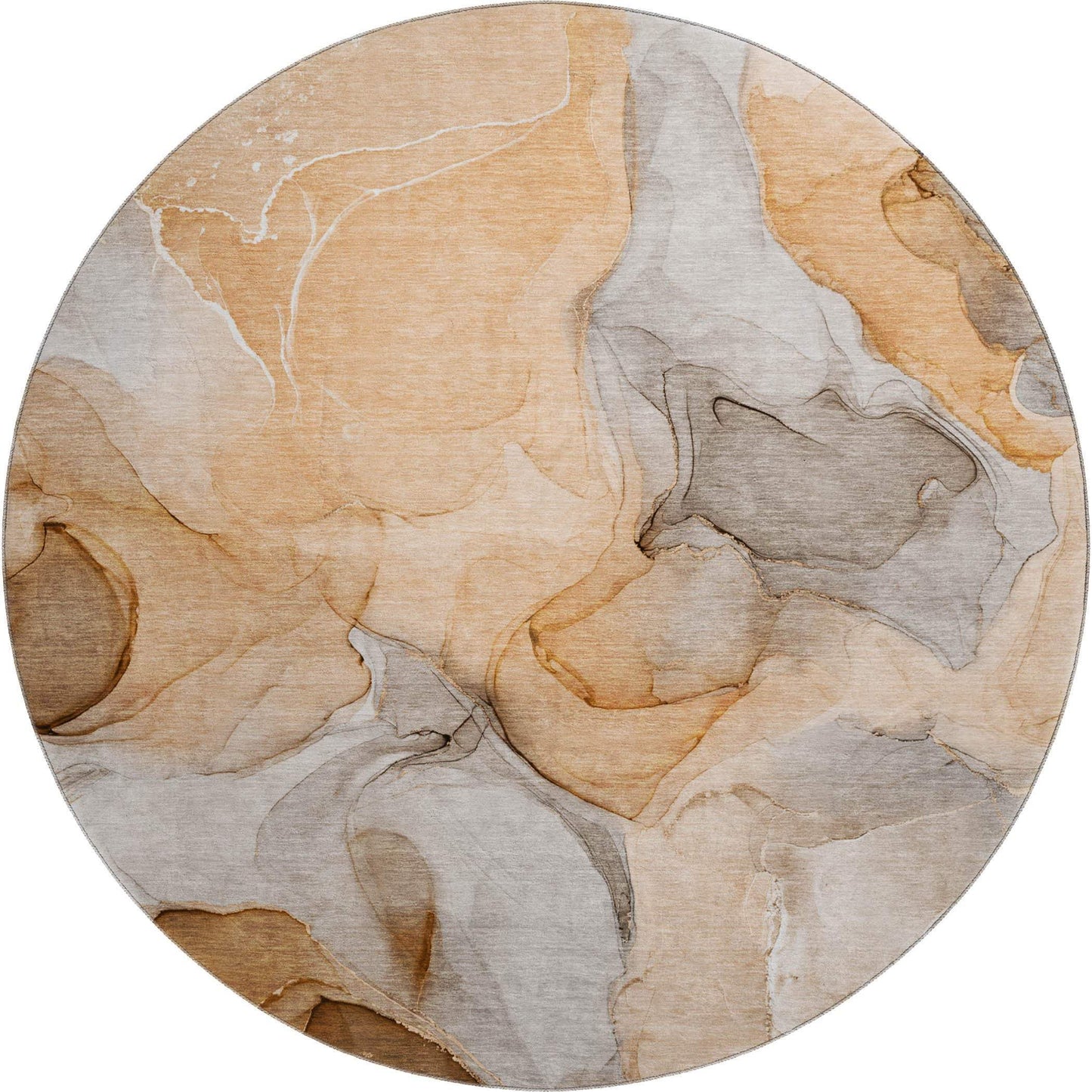 8' Orange Gray And Ivory Abstract Washable Round Rug With UV Protection - HomeRoots - Flyclothing LLC