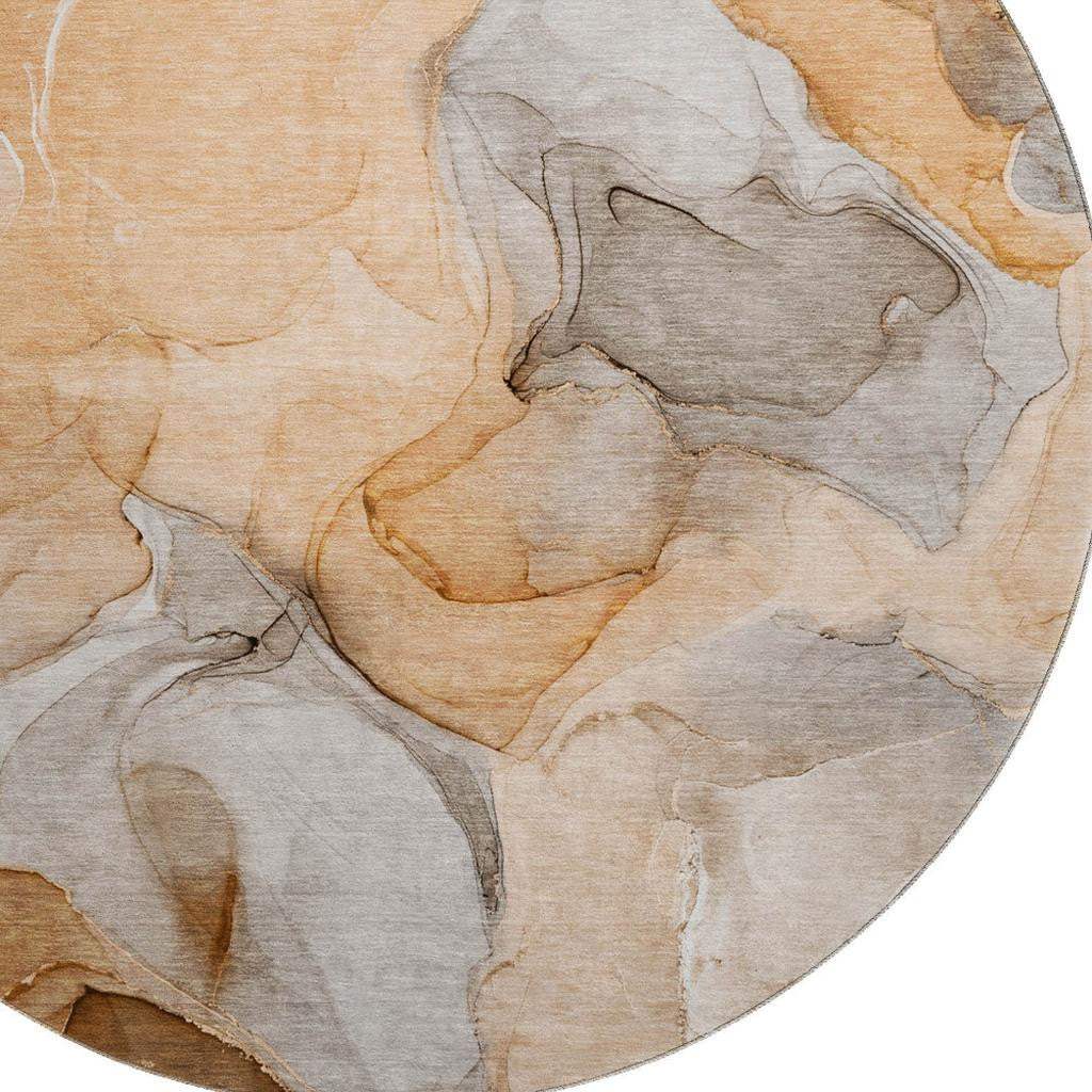 8' Orange Gray And Ivory Abstract Washable Round Rug With UV Protection - HomeRoots - Flyclothing LLC