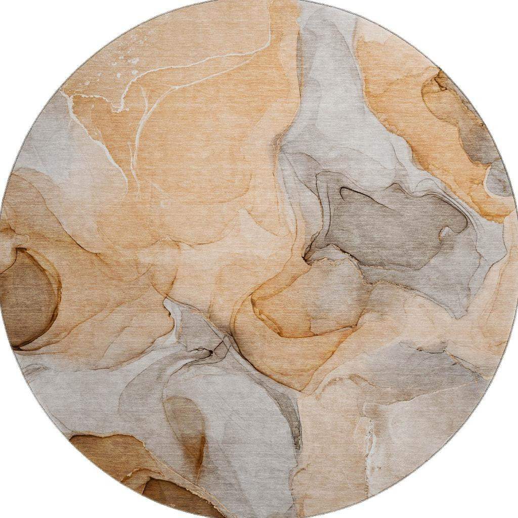 8' Orange Gray And Ivory Abstract Washable Round Rug With UV Protection - HomeRoots - Flyclothing LLC
