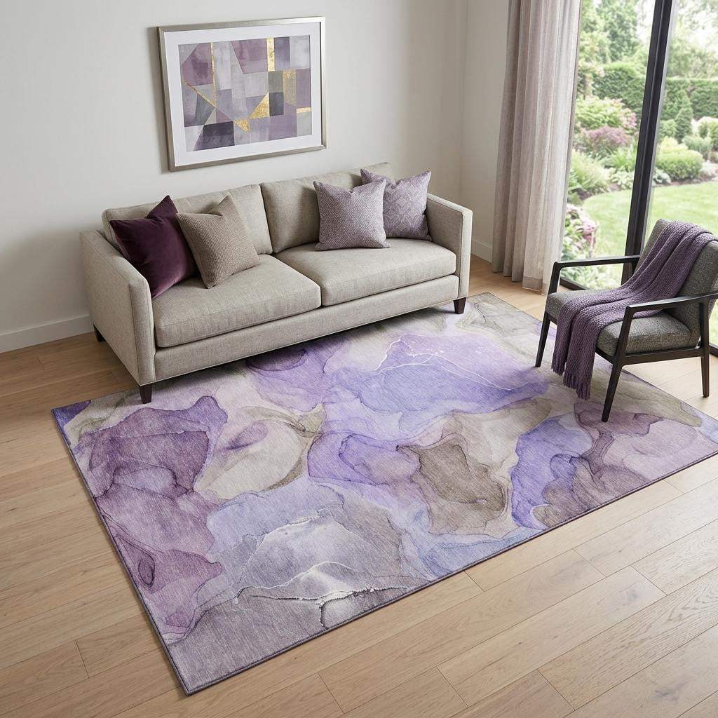 5' X 8' Purple And Gray Abstract Washable Area Rug With UV Protection - HomeRoots - Flyclothing LLC