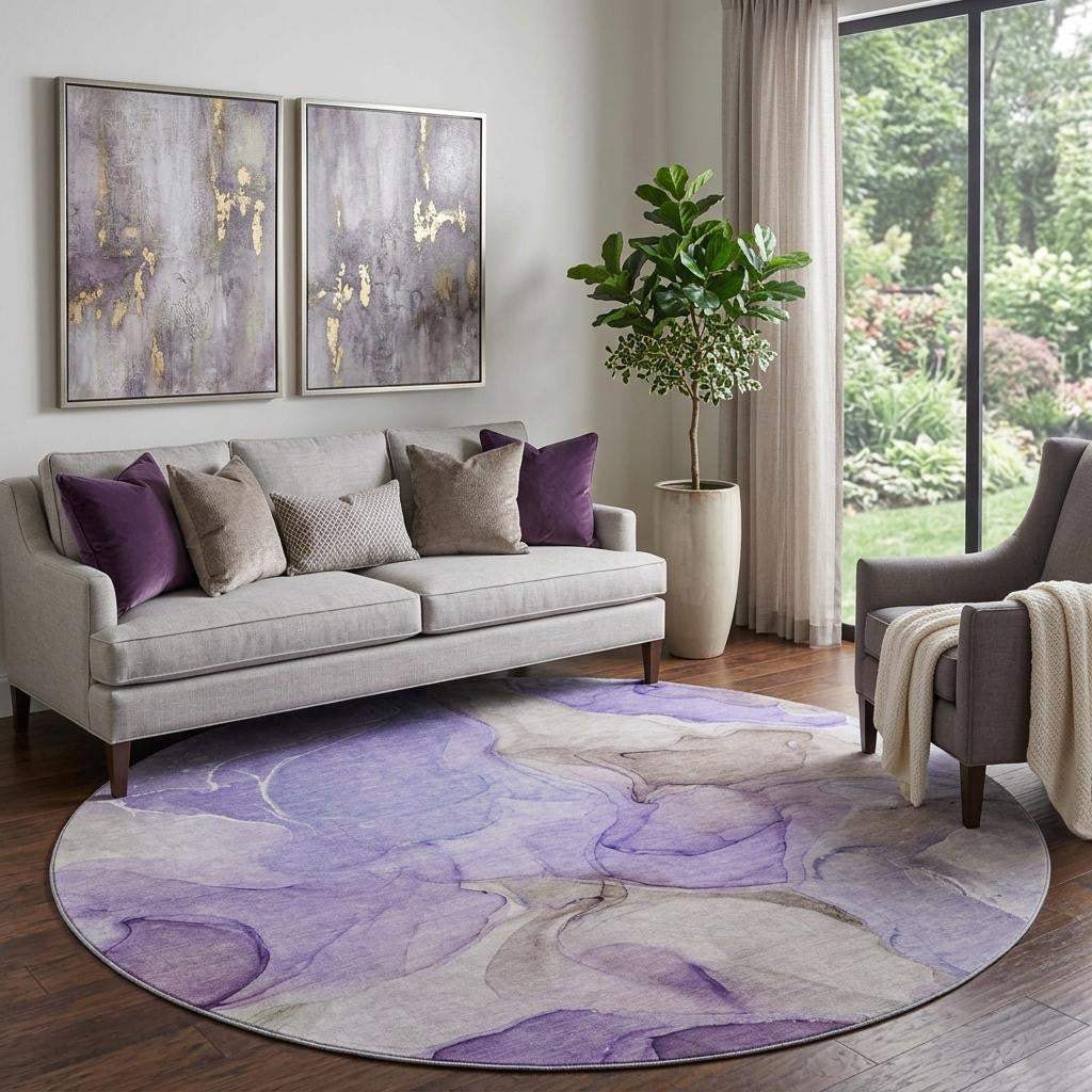 8' Purple And Gray Abstract Washable Round Rug With UV Protection - HomeRoots - Flyclothing LLC