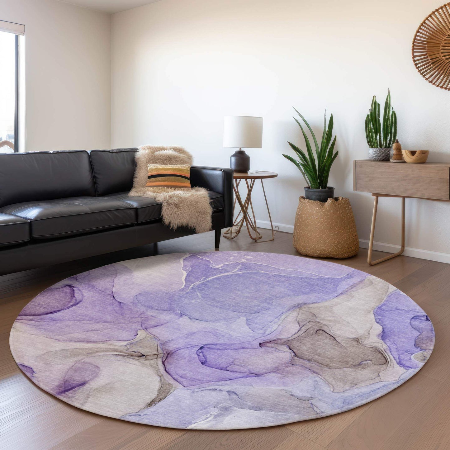 8' Purple And Gray Abstract Washable Round Rug With UV Protection - HomeRoots - Flyclothing LLC