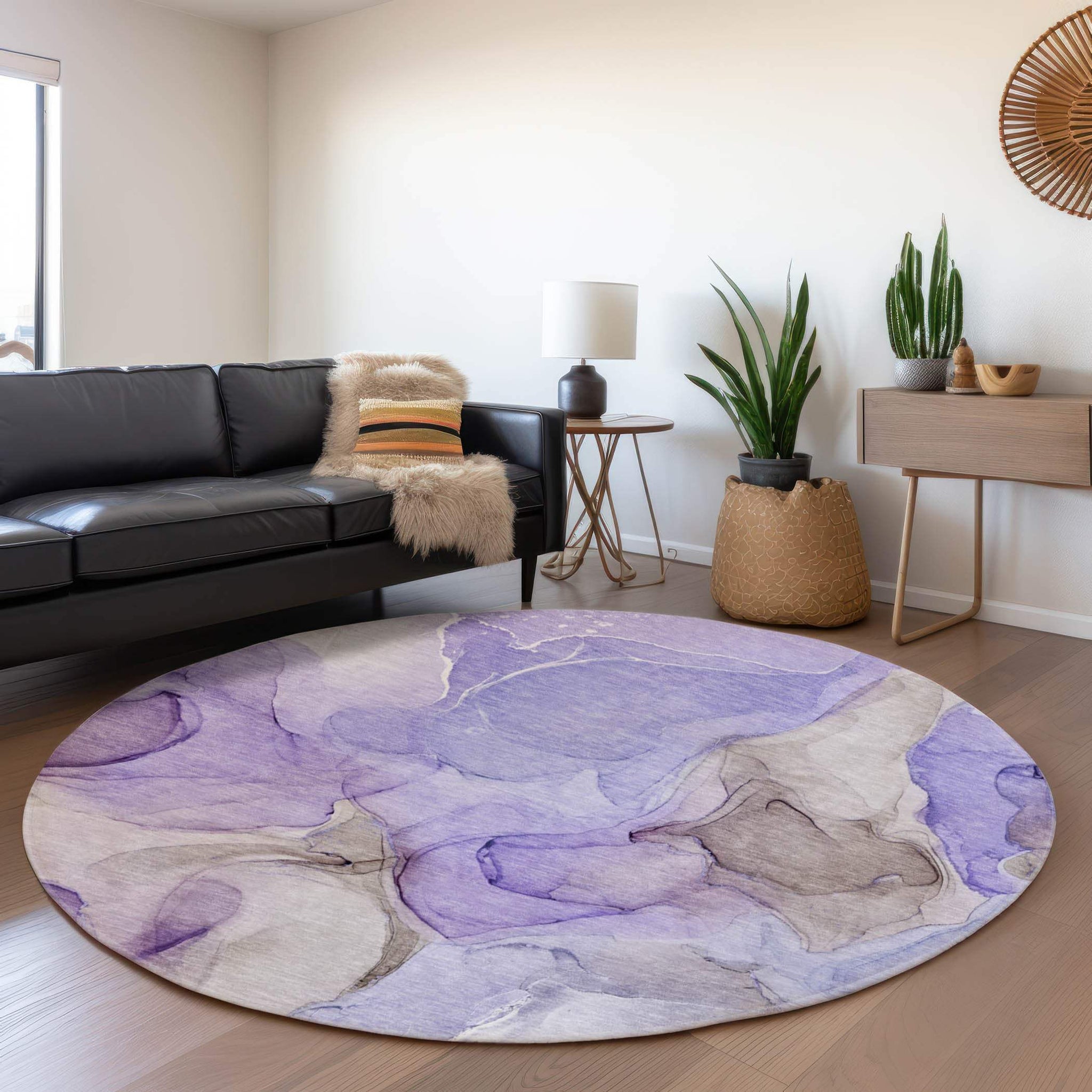 8' Purple And Gray Abstract Washable Round Rug With UV Protection - HomeRoots - Flyclothing LLC