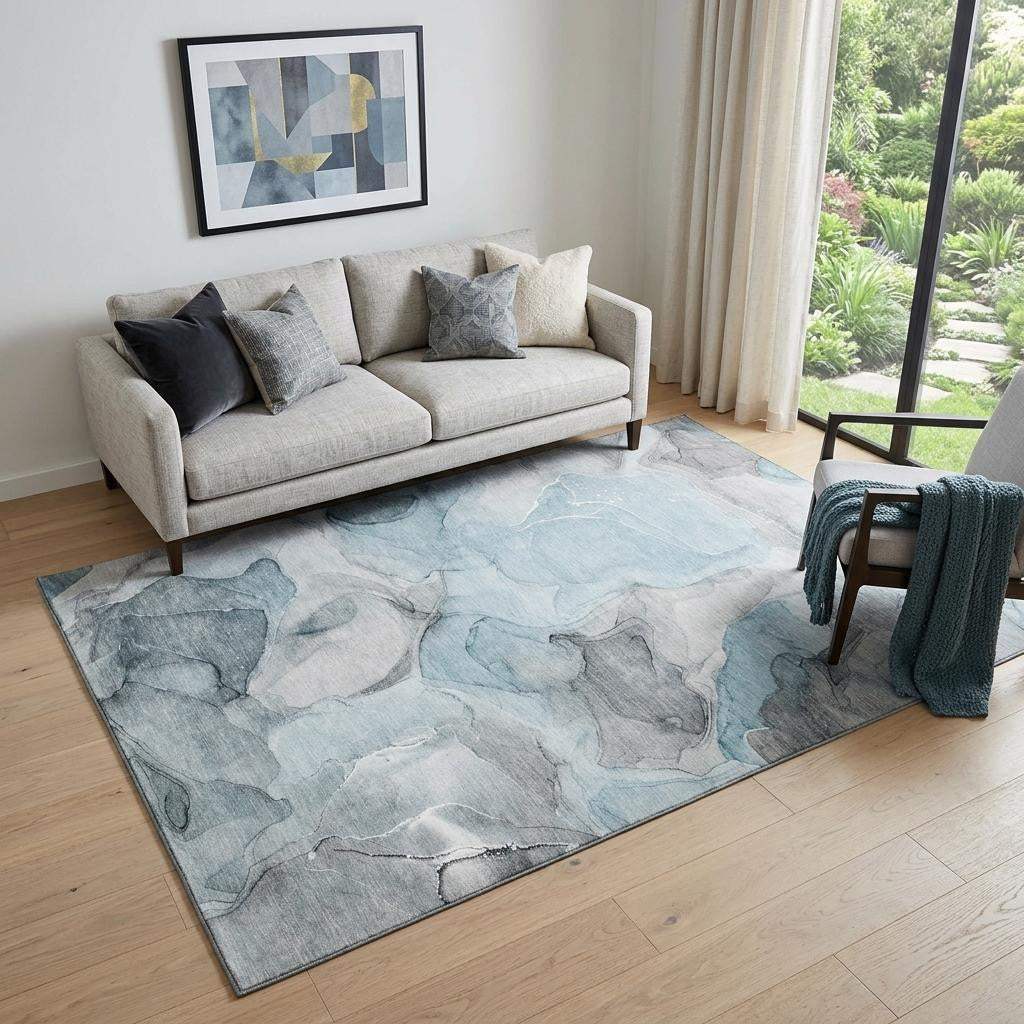 5' X 8' Teal And Gray Abstract Washable Area Rug With UV Protection - HomeRoots - Flyclothing LLC