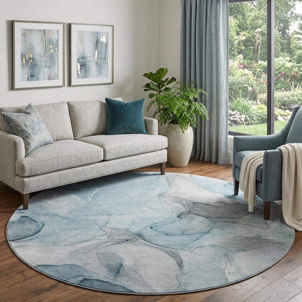 8' Teal And Gray Abstract Washable Round Rug With UV Protection - HomeRoots - Flyclothing LLC