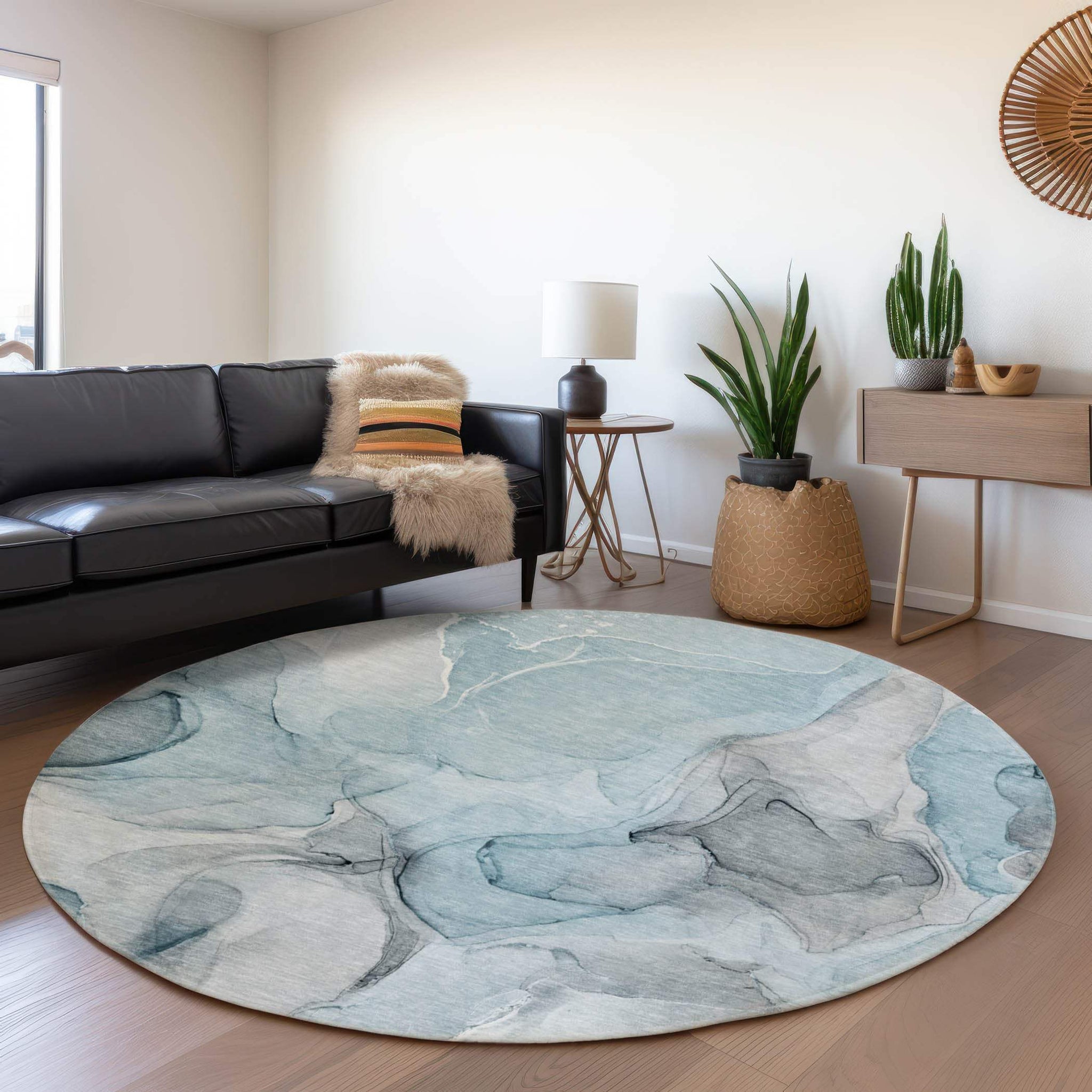 8' Teal And Gray Abstract Washable Round Rug With UV Protection - HomeRoots - Flyclothing LLC